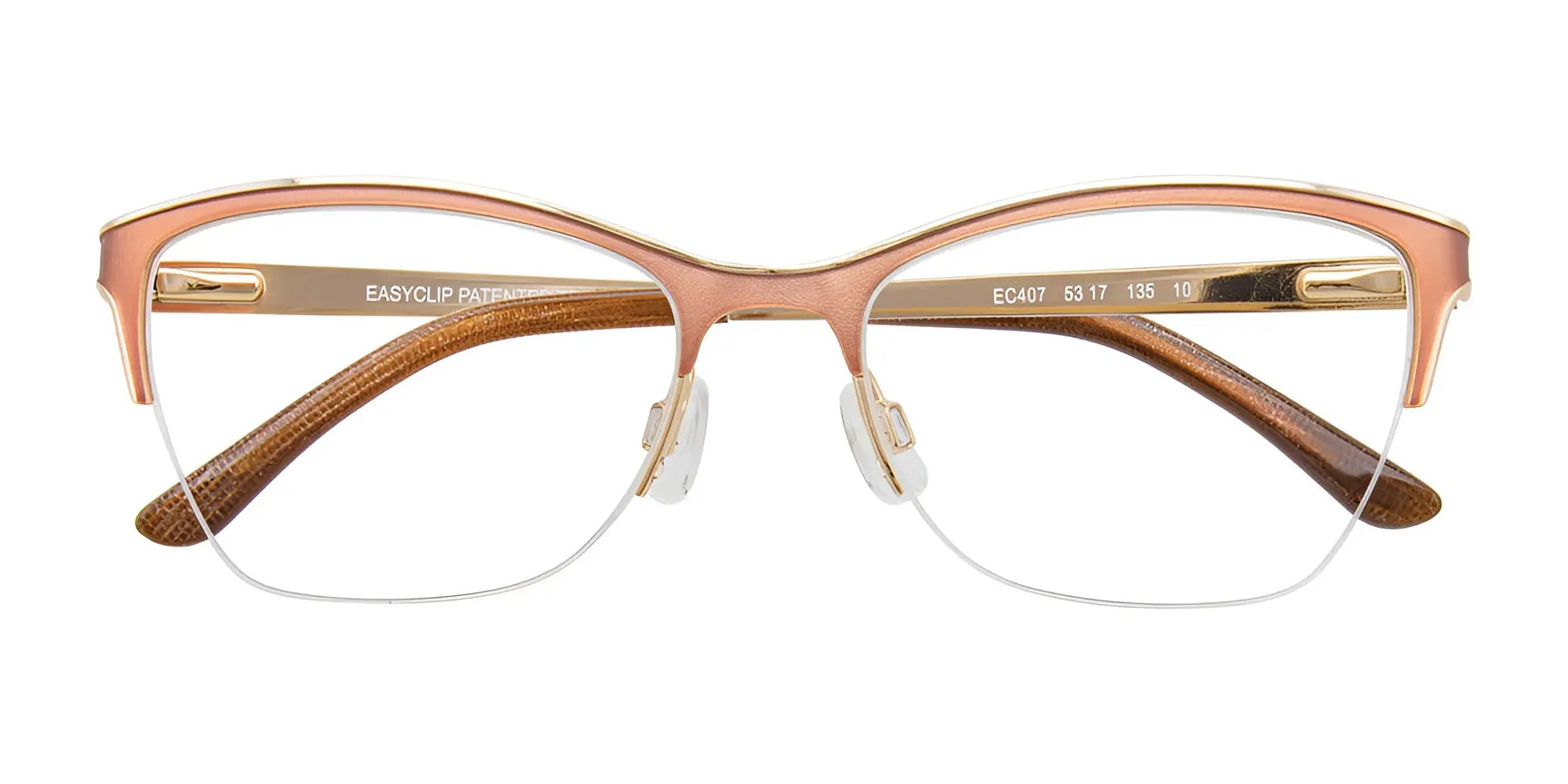 EasyClip EC407 Eyeglasses with Clip-on Sunglasses | Size 53, by EasyClip, in rose gold and brown semi-rimless cat eye frames, shown from the front. EasyClip EC407 Eyeglasses with Clip-on Sunglasses | Size 53, by EasyClip, in rose gold and brown semi-rimless cat eye frames, shown from the front.