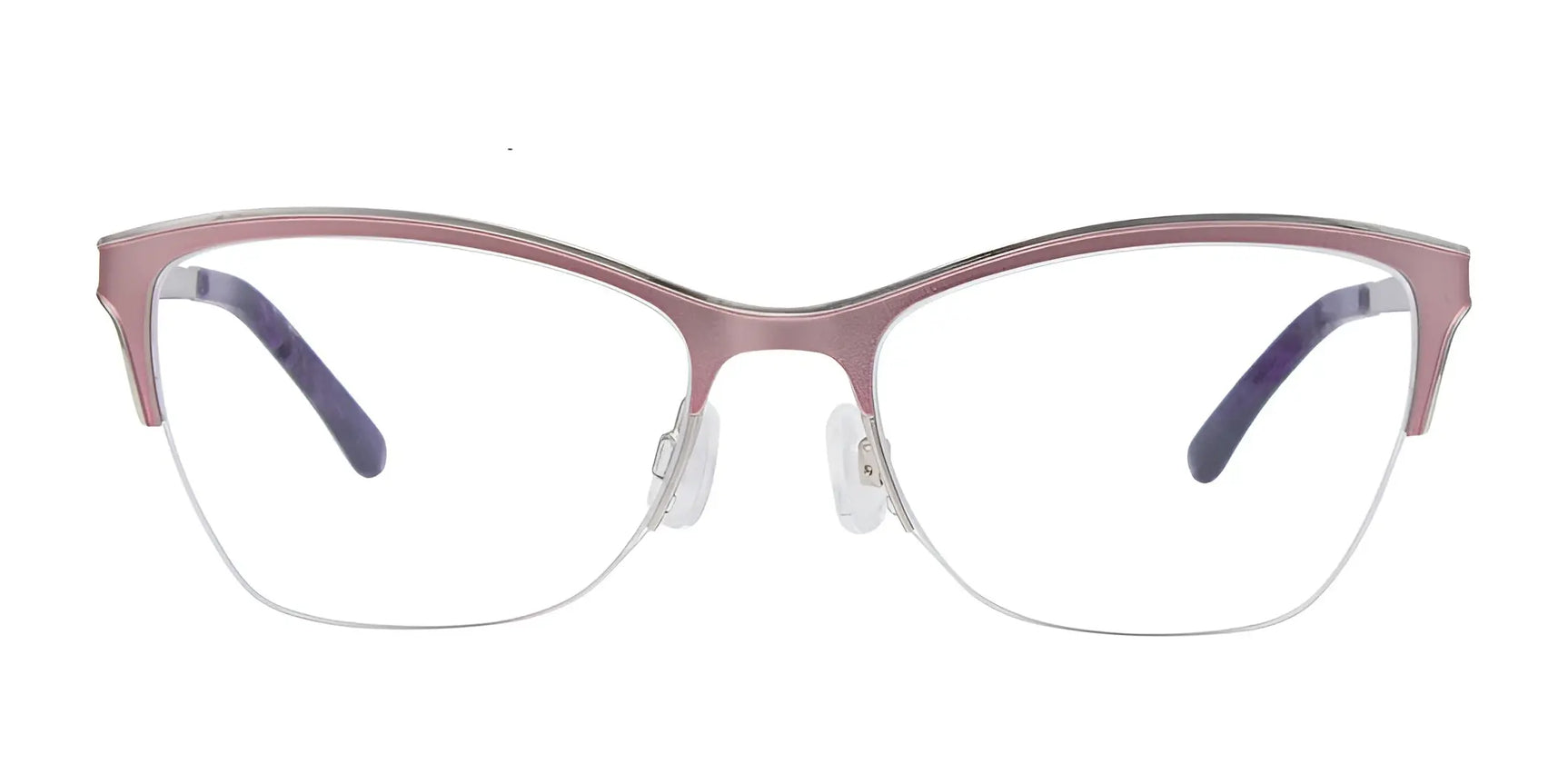 EasyClip EC407 Eyeglasses by EasyClip feature pink metallic cat eye rims, clear lenses, purple temple tips, and are shown on a white background. Includes clip-on sunglasses. Size 53. EasyClip EC407 Eyeglasses by EasyClip feature pink metallic cat eye rims, clear lenses, purple temple tips, and are shown on a white background. Includes clip-on sunglasses. Size 53.