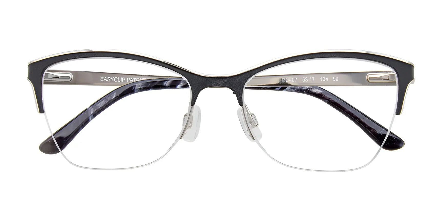 The EasyClip EC407 semi-rimless cat eye eyeglasses in black and silver feature clear nose pads and come with clip-on sunglasses. Brand: EasyClip. Size: 53. Viewed from the front. The EasyClip EC407 semi-rimless cat eye eyeglasses in black and silver feature clear nose pads and come with clip-on sunglasses. Brand: EasyClip. Size: 53. Viewed from the front.