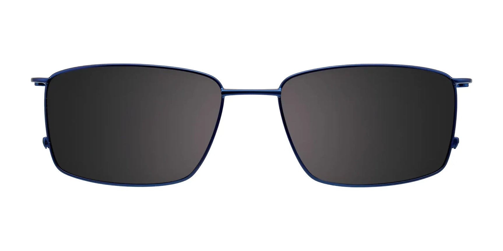 EasyClip EC408 Eyeglasses with Clip-on Sunglasses, size 53, by EasyClip, featuring a thin blue metal frame and rectangular polarized dark clip-on lenses. EasyClip EC408 Eyeglasses with Clip-on Sunglasses, size 53, by EasyClip, featuring a thin blue metal frame and rectangular polarized dark clip-on lenses.