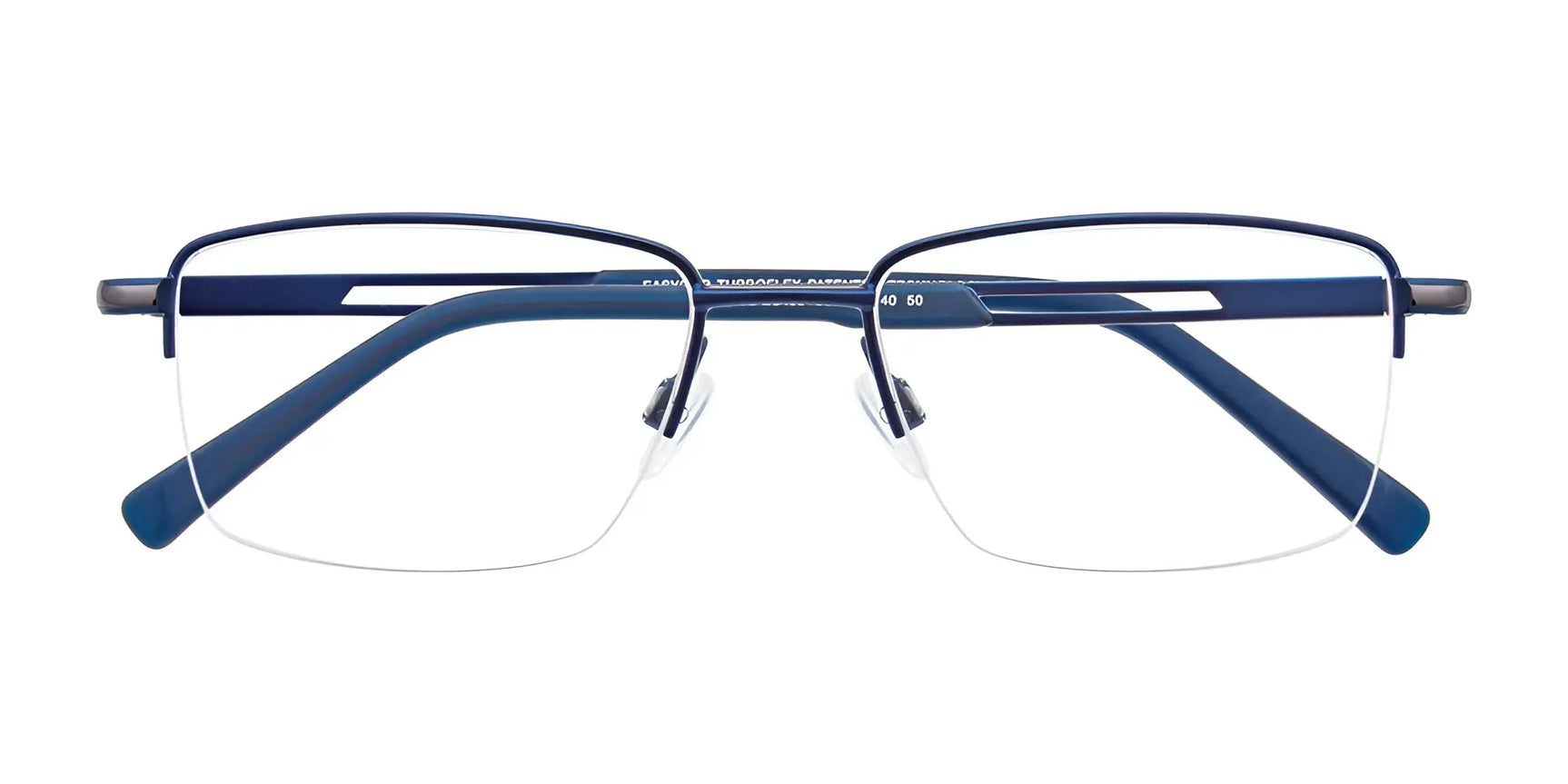 EasyClip EC408 Eyeglasses by EasyClip feature blue semi-rimless rectangular lenses, a metal bridge, and plastic temple arms. Includes clip-on sunglasses for extra versatility. Size 53, front view shown. EasyClip EC408 Eyeglasses by EasyClip feature blue semi-rimless rectangular lenses, a metal bridge, and plastic temple arms. Includes clip-on sunglasses for extra versatility. Size 53, front view shown.