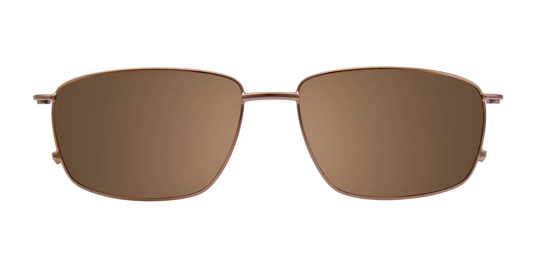 EasyClip EC411 Eyeglasses with Clip-on Sunglasses, size 55, feature brown rectangular lenses, thin metal frames, and scratch-resistant clip-ons, displayed against a plain white background. EasyClip EC411 Eyeglasses with Clip-on Sunglasses, size 55, feature brown rectangular lenses, thin metal frames, and scratch-resistant clip-ons, displayed against a plain white background.