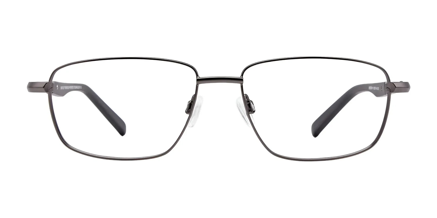 EasyClip EC411 Eyeglasses with Clip-on Sunglasses by EasyClip, metal-framed and rectangular with black temple arms and scratch-resistant lenses, shown on a white background. Size 55. EasyClip EC411 Eyeglasses with Clip-on Sunglasses by EasyClip, metal-framed and rectangular with black temple arms and scratch-resistant lenses, shown on a white background. Size 55.