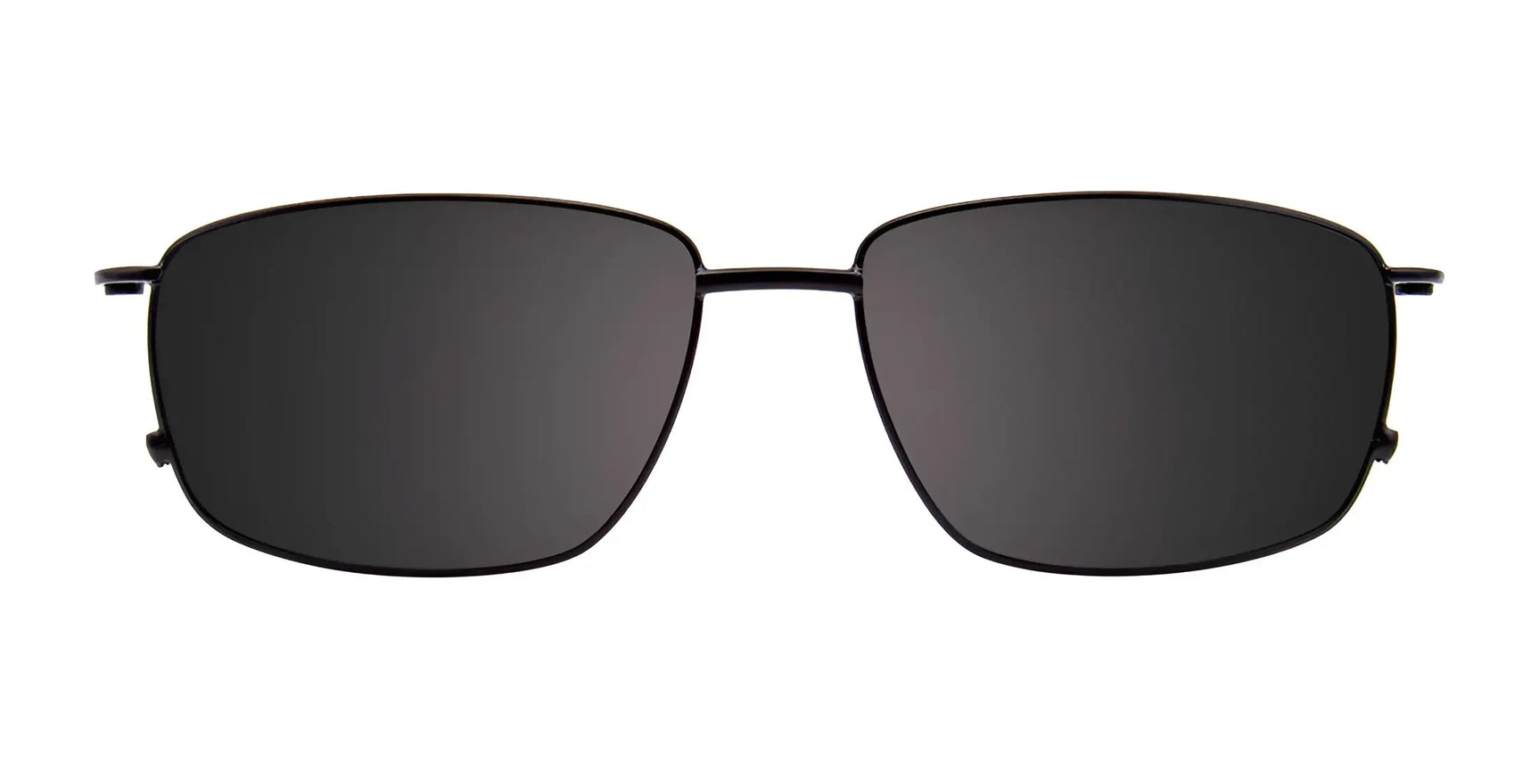 EasyClip EC411 eyeglasses with clip-on rectangular black sunglasses feature thin metal frames and scratch-resistant lenses, shown on a white background. Brand: EasyClip. Size: 55. EasyClip EC411 eyeglasses with clip-on rectangular black sunglasses feature thin metal frames and scratch-resistant lenses, shown on a white background. Brand: EasyClip. Size: 55.