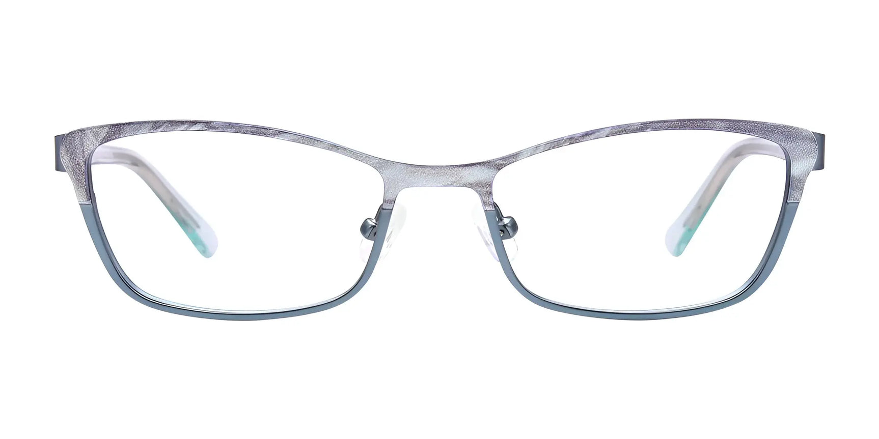 EasyClip EC415 Eyeglasses with Clip-on Sunglasses in gray and silver cat-eye style, shown with clear lenses on a white background. These EasyClip frames offer convenient compatibility with clip-on sunglasses. Size 51. EasyClip EC415 Eyeglasses with Clip-on Sunglasses in gray and silver cat-eye style, shown with clear lenses on a white background. These EasyClip frames offer convenient compatibility with clip-on sunglasses. Size 51.
