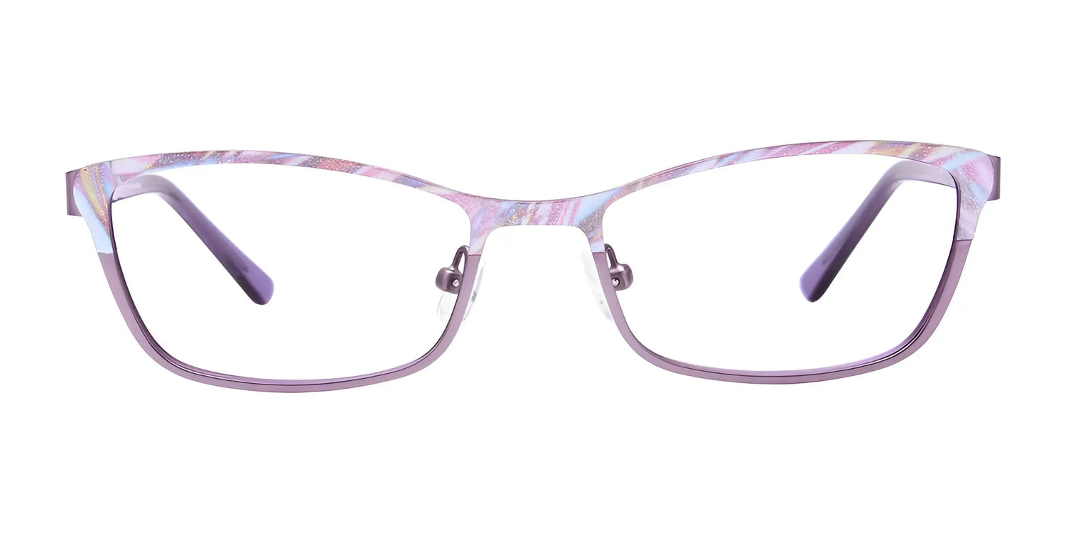 The EasyClip EC415 Eyeglasses in a purple cat-eye, marbled pastel frame offer effortless style and convenience. Includes matching clip-on sunglasses for seamless indoor-outdoor wear. Brand: EasyClip. Size: 51. Shown on white background. The EasyClip EC415 Eyeglasses in a purple cat-eye, marbled pastel frame offer effortless style and convenience. Includes matching clip-on sunglasses for seamless indoor-outdoor wear. Brand: EasyClip. Size: 51. Shown on white background.