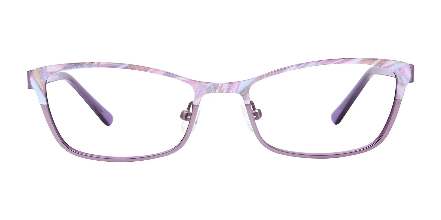 The EasyClip EC415 Eyeglasses in a purple cat-eye, marbled pastel frame offer effortless style and convenience. Includes matching clip-on sunglasses for seamless indoor-outdoor wear. Brand: EasyClip. Size: 51. Shown on white background. The EasyClip EC415 Eyeglasses in a purple cat-eye, marbled pastel frame offer effortless style and convenience. Includes matching clip-on sunglasses for seamless indoor-outdoor wear. Brand: EasyClip. Size: 51. Shown on white background.