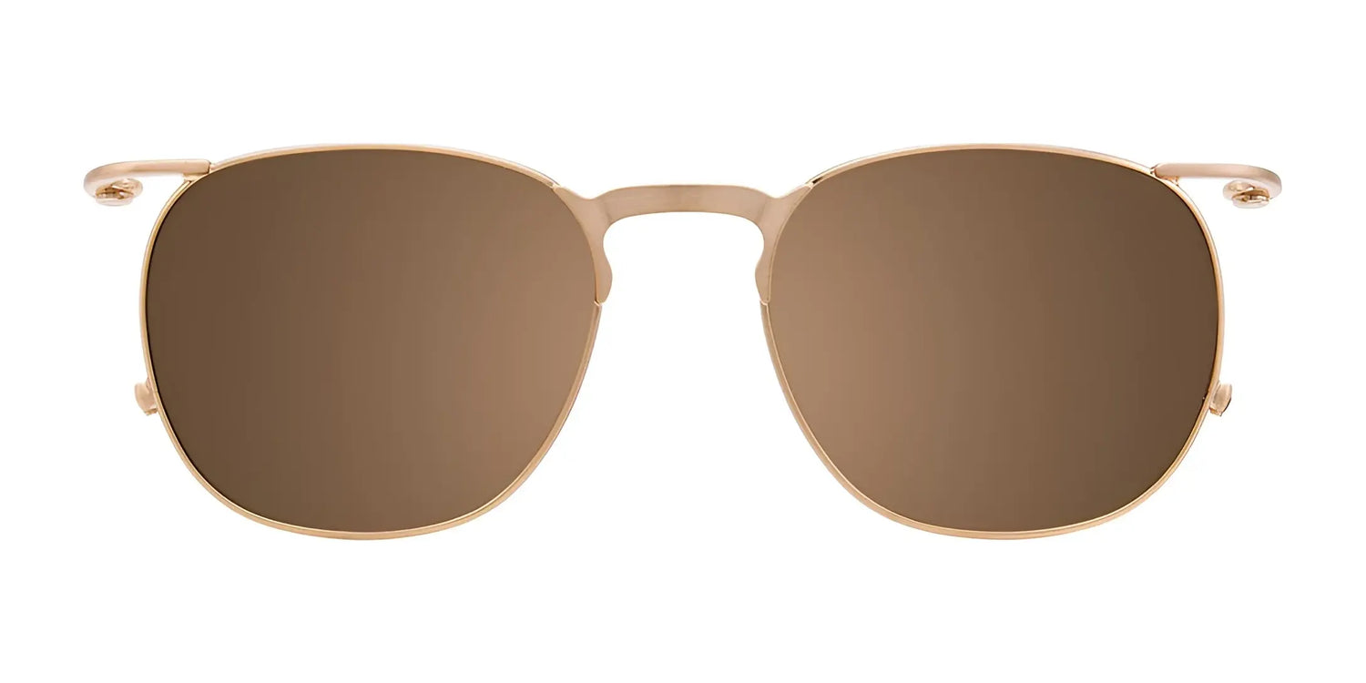 EasyClip EC420 Eyeglasses with gold frames and clip-on brown sunglasses, size 49, by EasyClip, shown from the front on a white background. EasyClip EC420 Eyeglasses with gold frames and clip-on brown sunglasses, size 49, by EasyClip, shown from the front on a white background.