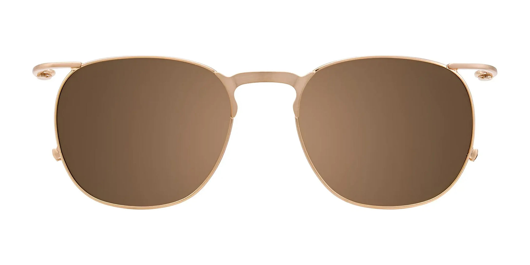 EasyClip EC420 Eyeglasses with gold frames and clip-on brown sunglasses, size 49, by EasyClip, shown from the front on a white background. EasyClip EC420 Eyeglasses with gold frames and clip-on brown sunglasses, size 49, by EasyClip, shown from the front on a white background.