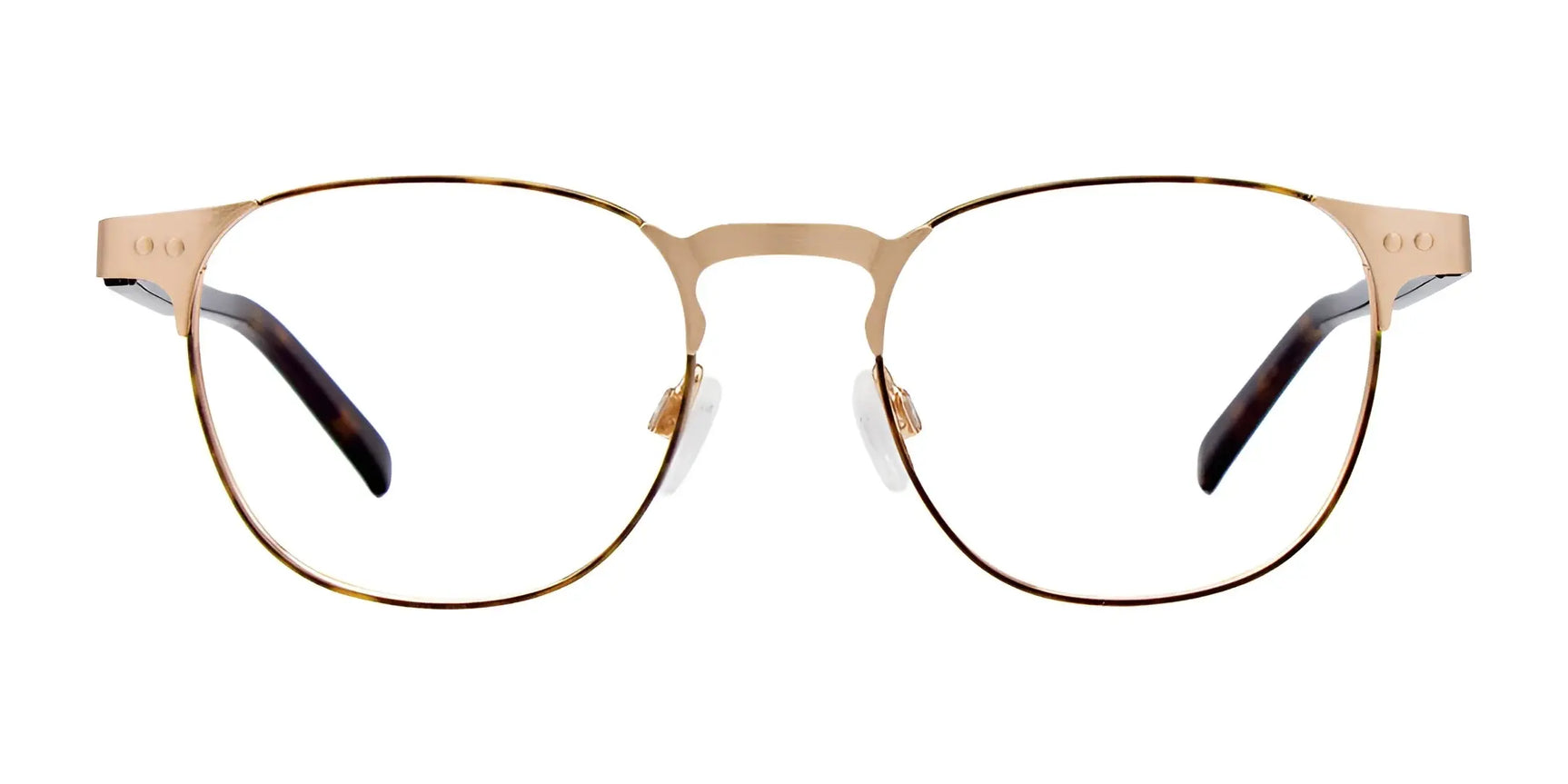 EasyClip EC420 Eyeglasses by EasyClip feature gold metal frames, clear lenses, and black earpieces. Shown on a white background, they’re compatible with polarized clip-on sunglasses for added versatility. Size 49. EasyClip EC420 Eyeglasses by EasyClip feature gold metal frames, clear lenses, and black earpieces. Shown on a white background, they’re compatible with polarized clip-on sunglasses for added versatility. Size 49.
