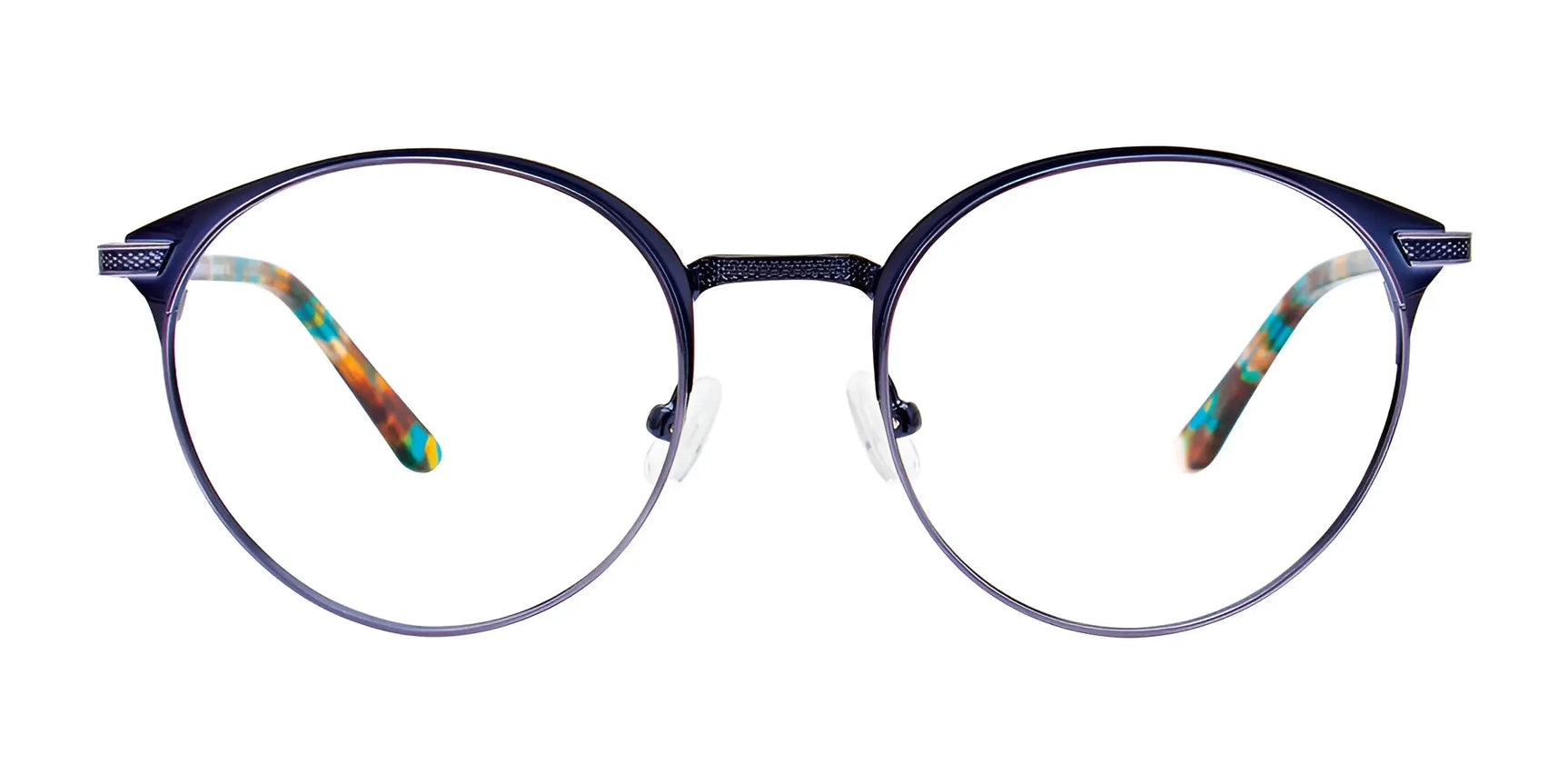 EasyClip EC422 Eyeglasses by EasyClip feature round, thin dark frames with multicolored temples and include convenient clip-on sunglasses. Size 51. Shown on a white background. EasyClip EC422 Eyeglasses by EasyClip feature round, thin dark frames with multicolored temples and include convenient clip-on sunglasses. Size 51. Shown on a white background.