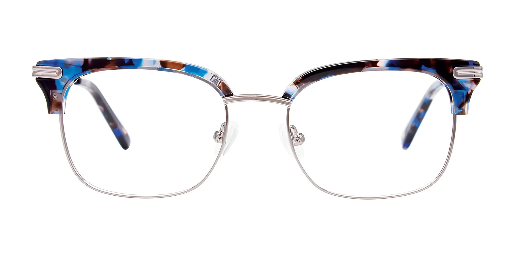 EasyClip EC423 eyeglasses by EasyClip feature cat-eye silver rims with blue, brown, and black patterned top frames on a white background. Includes a compatible polarized clip-on sunglasses attachment for added versatility. Size 49. EasyClip EC423 eyeglasses by EasyClip feature cat-eye silver rims with blue, brown, and black patterned top frames on a white background. Includes a compatible polarized clip-on sunglasses attachment for added versatility. Size 49.