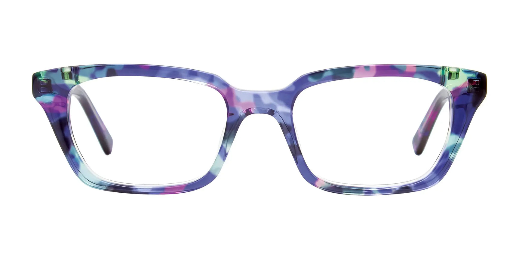 EasyClip EC424 Eyeglasses by EasyClip feature rectangular frames with a multicolored purple, blue, and pink pattern on white. Instantly convert them into stylish clip-on sunglasses for added versatility. Size 50. EasyClip EC424 Eyeglasses by EasyClip feature rectangular frames with a multicolored purple, blue, and pink pattern on white. Instantly convert them into stylish clip-on sunglasses for added versatility. Size 50.