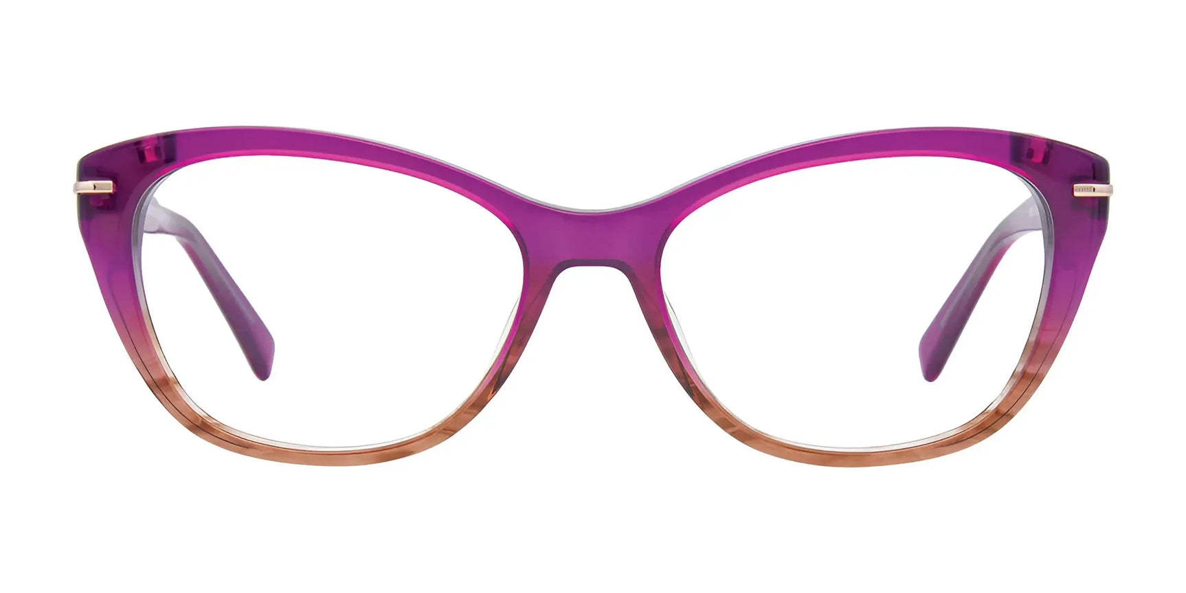 The EasyClip EC425 Eyeglasses with Clip-on Sunglasses | Size 54 by EasyClip, shown in purple and brown cat-eye style with clear lenses, offer versatile style and sun protection with their convenient clip-on sunglasses. The EasyClip EC425 Eyeglasses with Clip-on Sunglasses | Size 54 by EasyClip, shown in purple and brown cat-eye style with clear lenses, offer versatile style and sun protection with their convenient clip-on sunglasses.