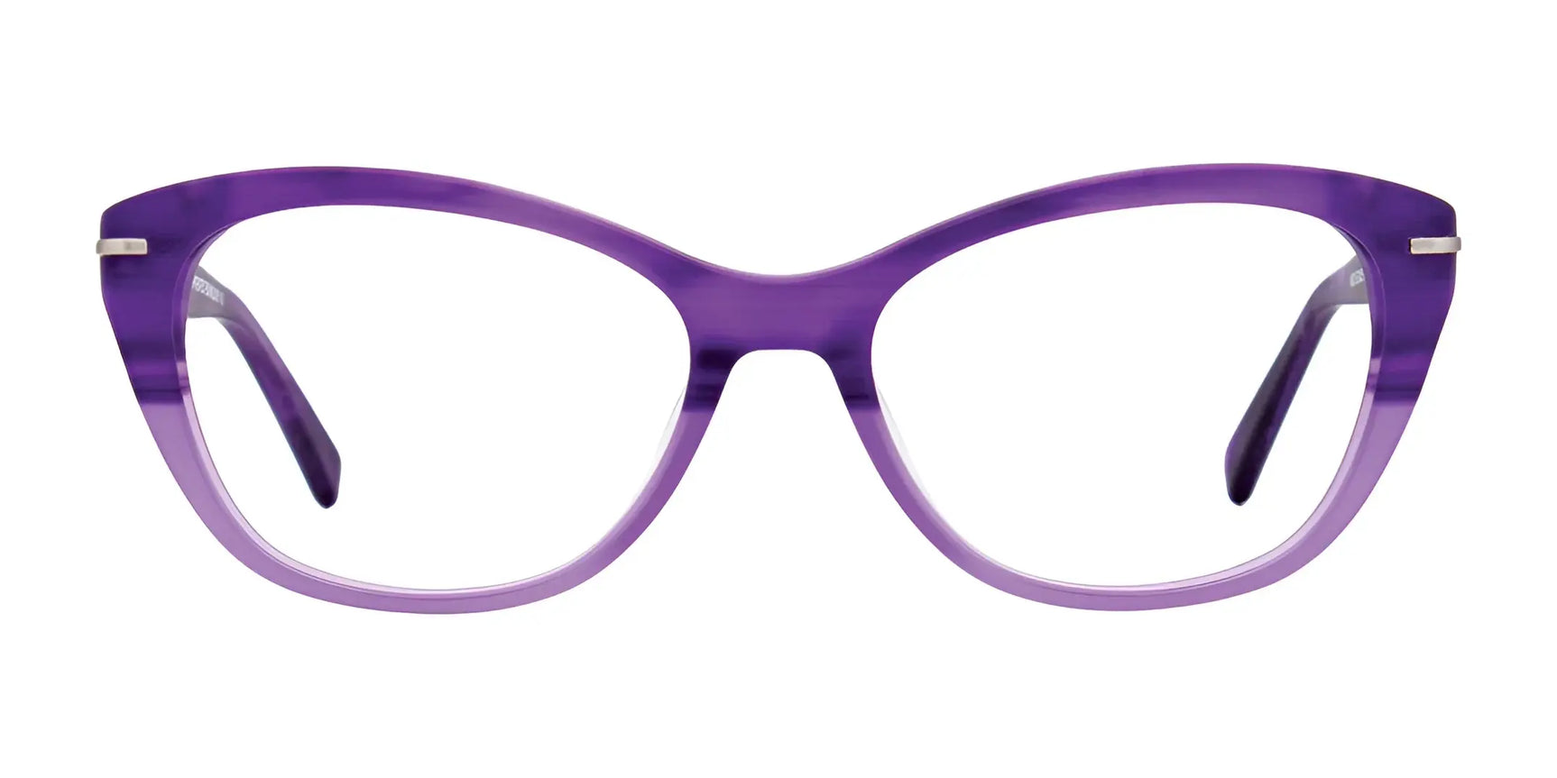 The EasyClip EC425 Eyeglasses by EasyClip feature purple cat-eye frames with a glossy finish. Shown front view on a white background, these Size 54 eyeglasses include convenient clip-on sunglasses for added style. The EasyClip EC425 Eyeglasses by EasyClip feature purple cat-eye frames with a glossy finish. Shown front view on a white background, these Size 54 eyeglasses include convenient clip-on sunglasses for added style.