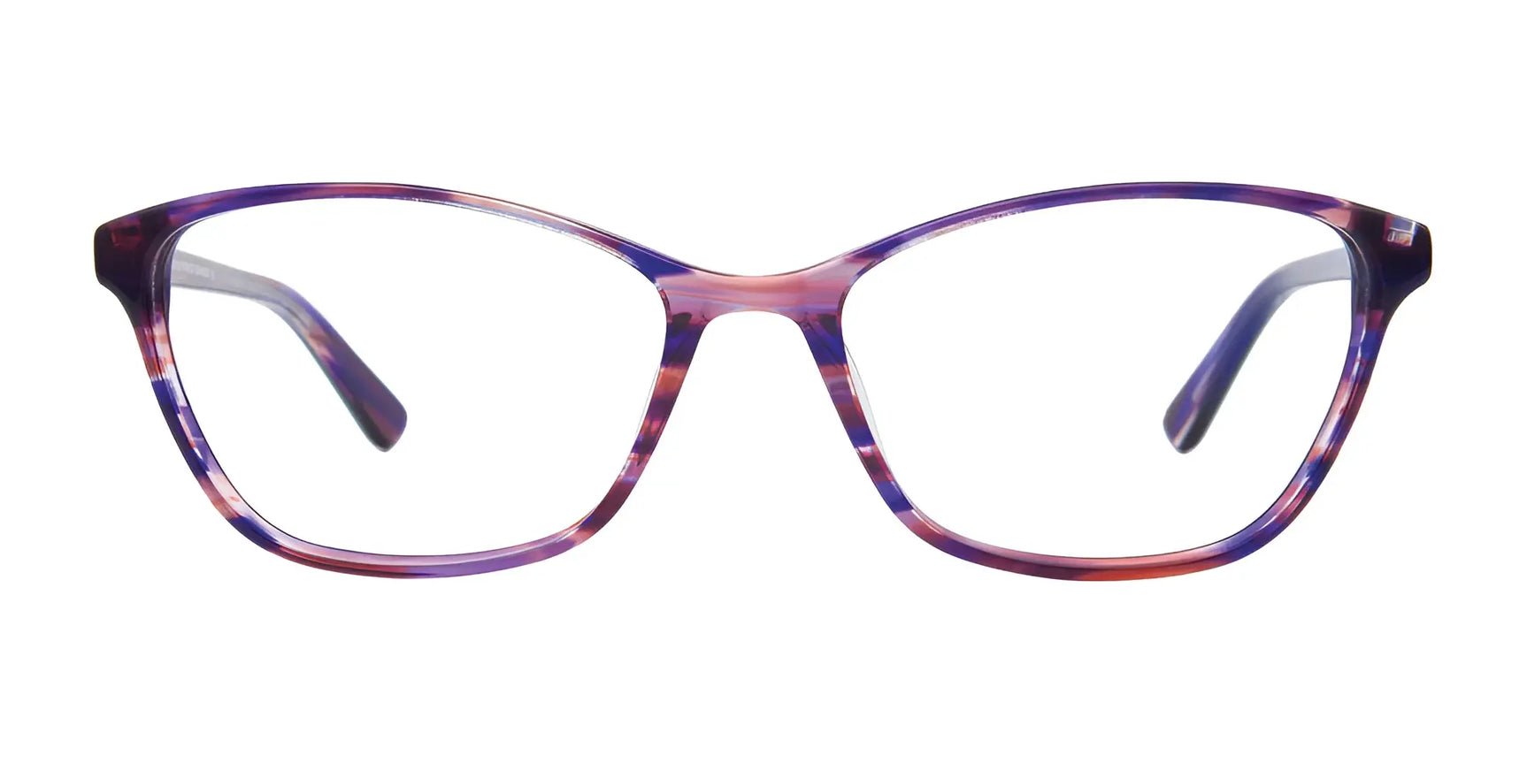 EasyClip EC428 Eyeglasses with clear lenses in purple and pink cat-eye style, shown from the front on a white background. EasyClip EC428 Eyeglasses with clear lenses in purple and pink cat-eye style, shown from the front on a white background.