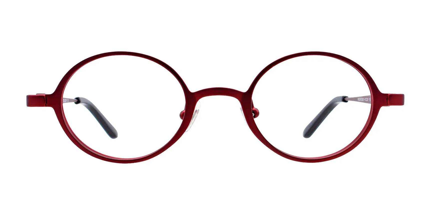 EasyClip EC429 Eyeglasses by EasyClip, size 41, feature round red frames with bold styling and black earpieces, displayed on a white background. EasyClip EC429 Eyeglasses by EasyClip, size 41, feature round red frames with bold styling and black earpieces, displayed on a white background.