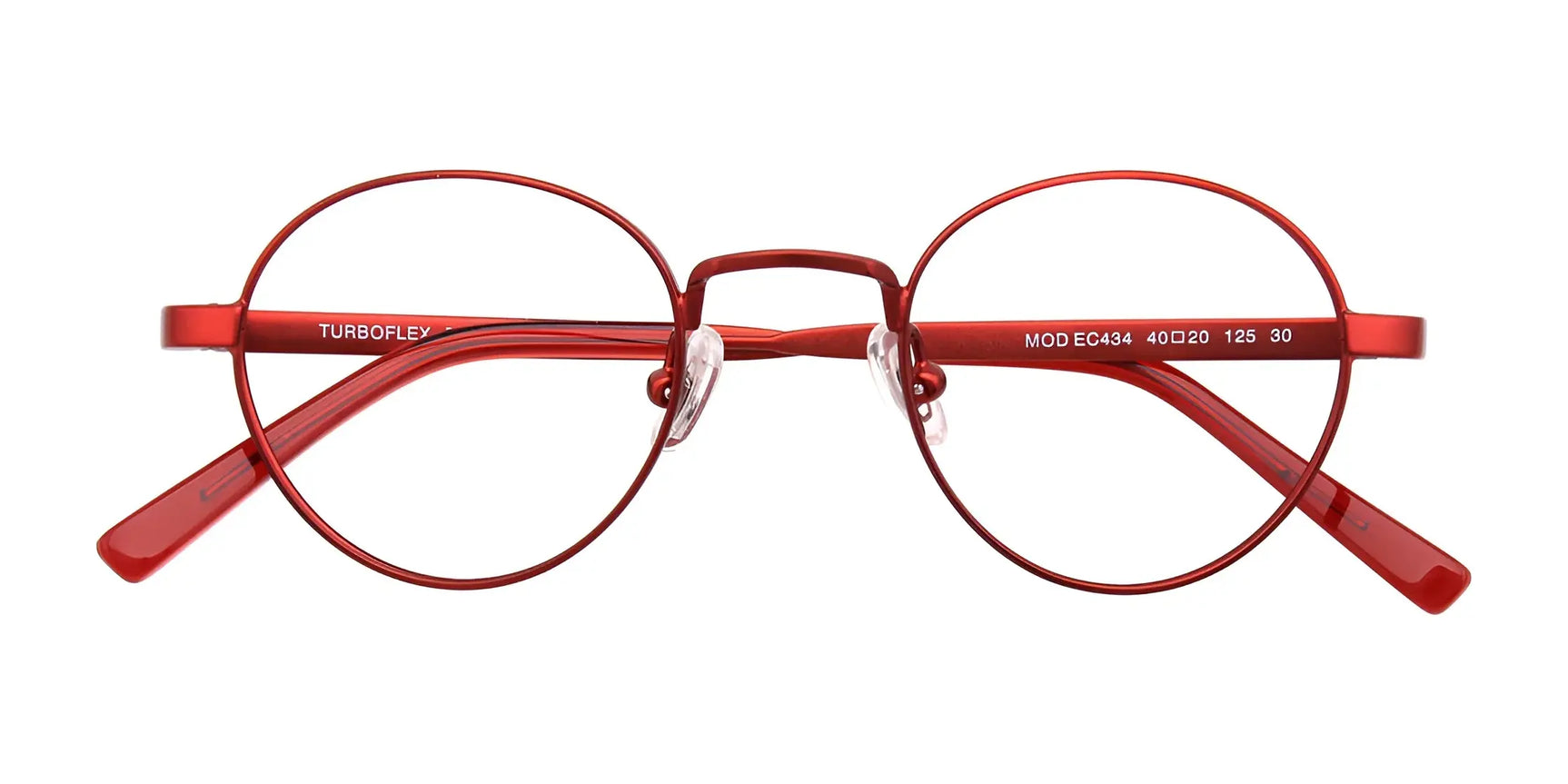 EasyClip EC434 Eyeglasses by EasyClip feature red round full-rim frames with nose pads, prescription ready, shown front view on a white background. EasyClip EC434 Eyeglasses by EasyClip feature red round full-rim frames with nose pads, prescription ready, shown front view on a white background.