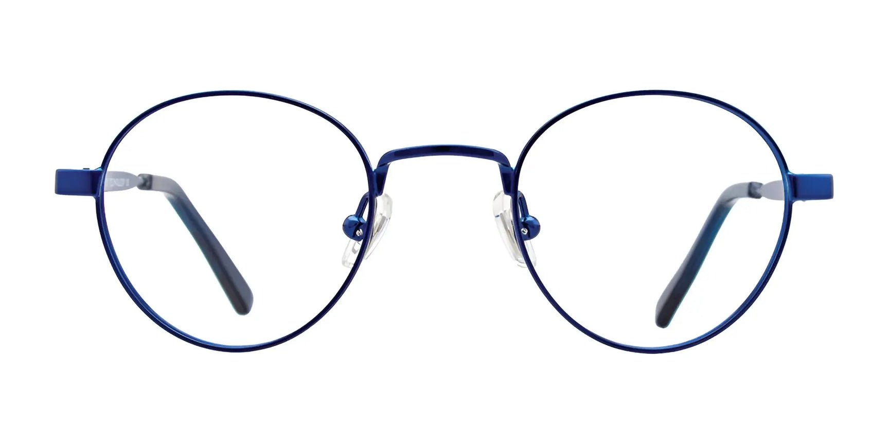 EasyClip EC434 Eyeglasses by EasyClip feature round blue thin full-rim metal frames, clear nose pads, and are prescription ready. Shown on a white background. EasyClip EC434 Eyeglasses by EasyClip feature round blue thin full-rim metal frames, clear nose pads, and are prescription ready. Shown on a white background.