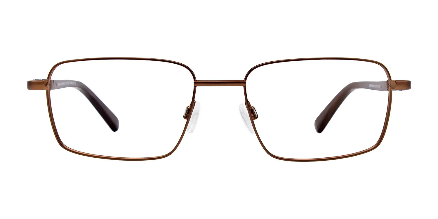 EasyClip EC436 eyeglasses by EasyClip feature brown rectangular thin metal frames and clear lenses, shown on a white background. Includes clip-on sunglasses for added versatility. Size 55. EasyClip EC436 eyeglasses by EasyClip feature brown rectangular thin metal frames and clear lenses, shown on a white background. Includes clip-on sunglasses for added versatility. Size 55.