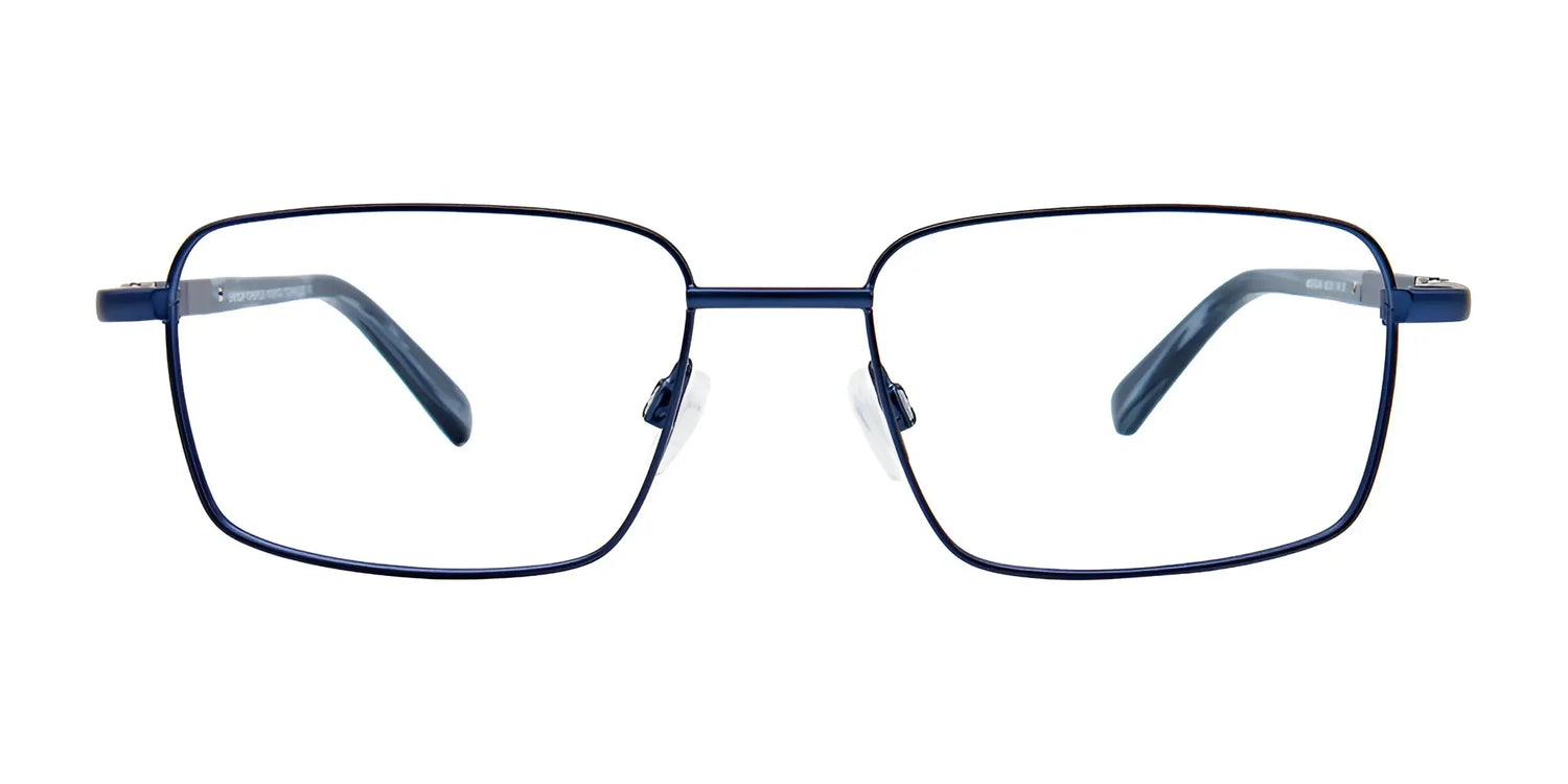 EasyClip EC436 eyeglasses by EasyClip feature blue rectangular thin metal frames with clear lenses, designed for comfort and style. Includes a polarized clip-on sunglasses attachment. Size 55. Shown on a white background. EasyClip EC436 eyeglasses by EasyClip feature blue rectangular thin metal frames with clear lenses, designed for comfort and style. Includes a polarized clip-on sunglasses attachment. Size 55. Shown on a white background.