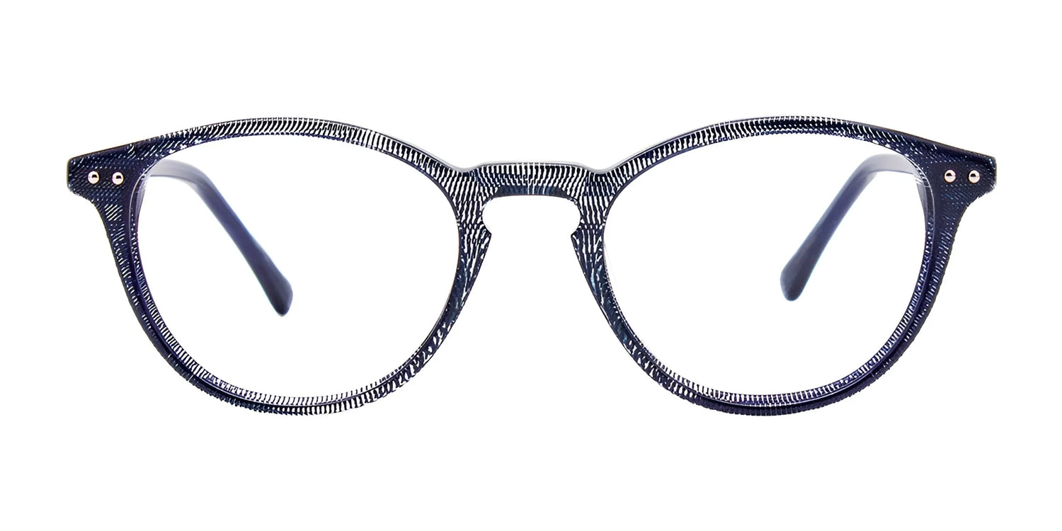 EasyClip EC443 Eyeglasses | Size 49 by EasyClip, round and dark-colored with a subtle textured pattern, prescription ready, shown from the front on a white background. EasyClip EC443 Eyeglasses | Size 49 by EasyClip, round and dark-colored with a subtle textured pattern, prescription ready, shown from the front on a white background.