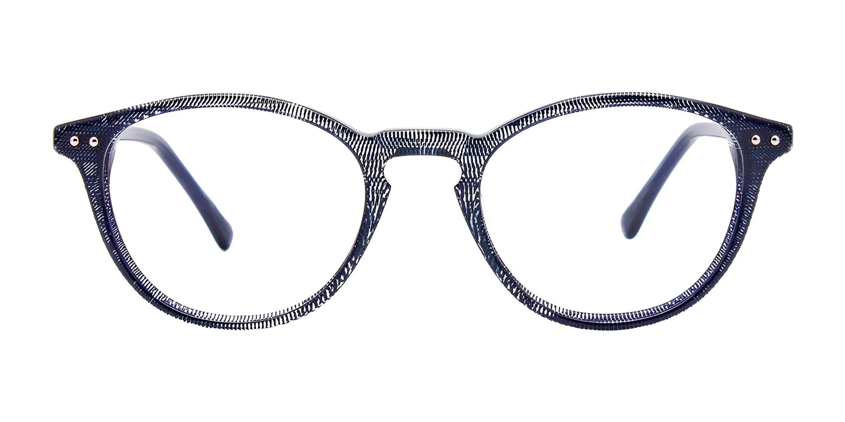EasyClip EC443 Eyeglasses | Size 49 by EasyClip, round and dark-colored with a subtle textured pattern, prescription ready, shown from the front on a white background. EasyClip EC443 Eyeglasses | Size 49 by EasyClip, round and dark-colored with a subtle textured pattern, prescription ready, shown from the front on a white background.