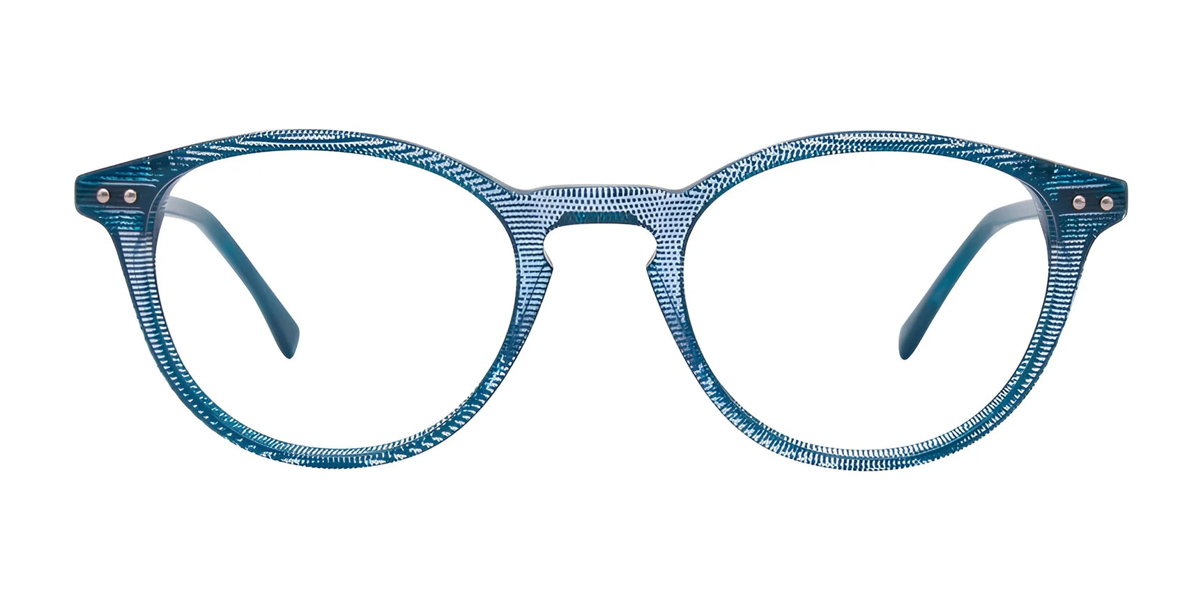 Front view of round blue EasyClip EC443 Eyeglasses | Size 49 by EasyClip, featuring a textured frame on a white background. Prescription-ready for easy style and clear vision. Front view of round blue EasyClip EC443 Eyeglasses | Size 49 by EasyClip, featuring a textured frame on a white background. Prescription-ready for easy style and clear vision.