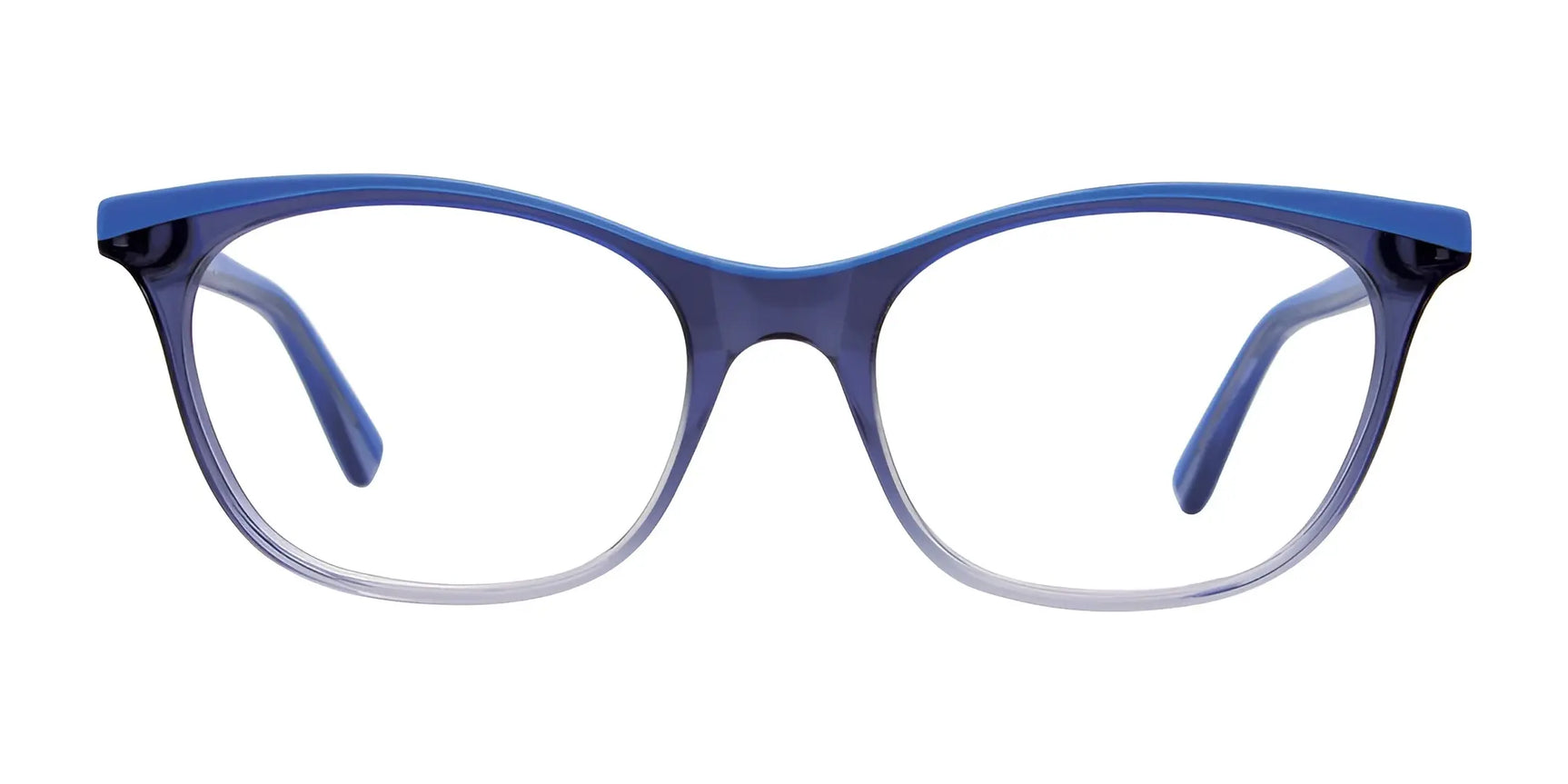 EasyClip EC447 eyeglasses by EasyClip feature blue and clear gradient rectangular frames, shown on a white background. Includes convenient clip-on sunglasses. Size 52. EasyClip EC447 eyeglasses by EasyClip feature blue and clear gradient rectangular frames, shown on a white background. Includes convenient clip-on sunglasses. Size 52.