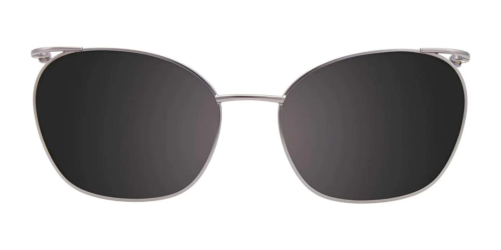 EasyClip EC447 Eyeglasses with Clip-on Sunglasses in size 52 by EasyClip, shown from the front on a white background. Features silver frames and oversized cat eye shape with black lenses. EasyClip EC447 Eyeglasses with Clip-on Sunglasses in size 52 by EasyClip, shown from the front on a white background. Features silver frames and oversized cat eye shape with black lenses.