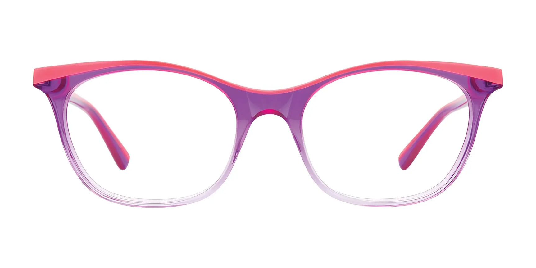 EasyClip EC447 Eyeglasses with Clip-on Sunglasses in pink and purple cat-eye frames feature a subtle upturned shape, shown front view on a white background. Brand: EasyClip, Size: 52. EasyClip EC447 Eyeglasses with Clip-on Sunglasses in pink and purple cat-eye frames feature a subtle upturned shape, shown front view on a white background. Brand: EasyClip, Size: 52.