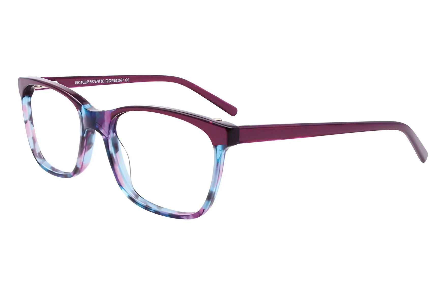 The EasyClip EC448 Eyeglasses | Size 54 by EasyClip feature a slight cat-eye shape in purple, turquoise, and violet hues, combining clear vision with stylish flair. Shown on a white background. The EasyClip EC448 Eyeglasses | Size 54 by EasyClip feature a slight cat-eye shape in purple, turquoise, and violet hues, combining clear vision with stylish flair. Shown on a white background.