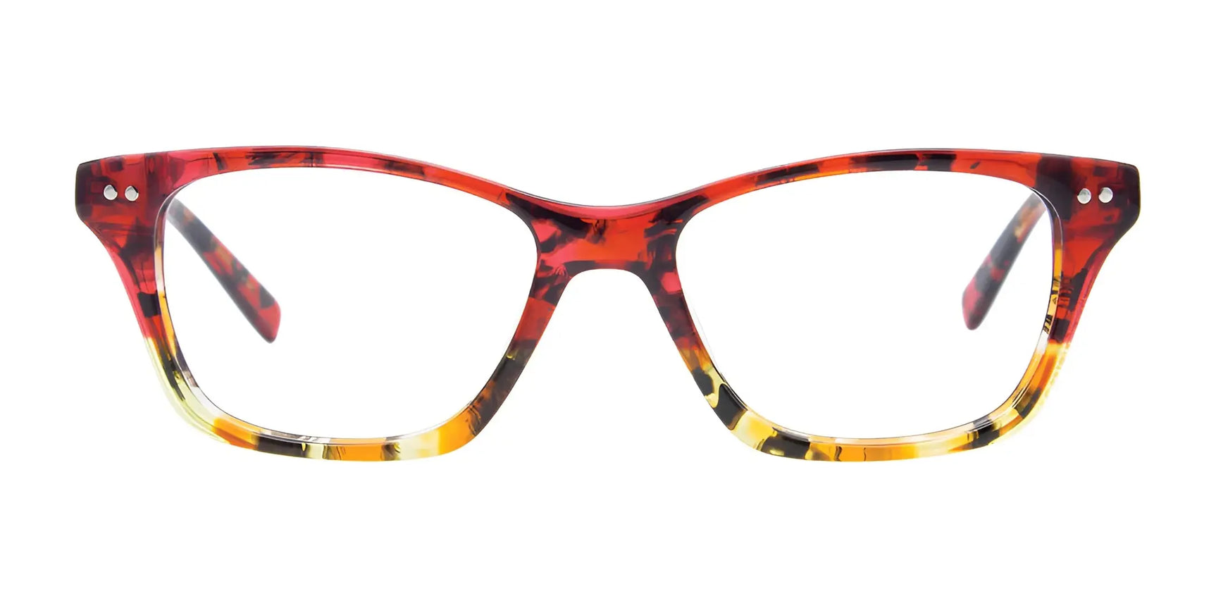 EasyClip EC453 Eyeglasses | Size 49 – Tortoiseshell cat-eye frames with red and yellow marbling, prescription-ready, compatible with polarized clip-on sunglasses. Front view. EasyClip EC453 Eyeglasses | Size 49 – Tortoiseshell cat-eye frames with red and yellow marbling, prescription-ready, compatible with polarized clip-on sunglasses. Front view.