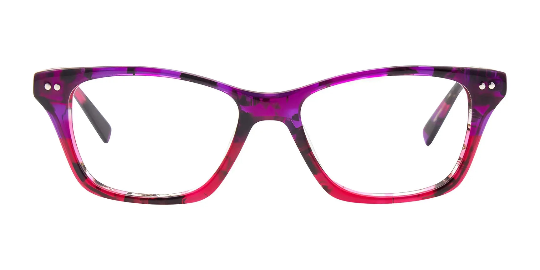The EasyClip EC453 Eyeglasses feature bright purple and pink rectangular frames with a translucent pattern, sized 49, prescription ready, and include a clip-on polarized sunglass for extra style and sun protection. The EasyClip EC453 Eyeglasses feature bright purple and pink rectangular frames with a translucent pattern, sized 49, prescription ready, and include a clip-on polarized sunglass for extra style and sun protection.