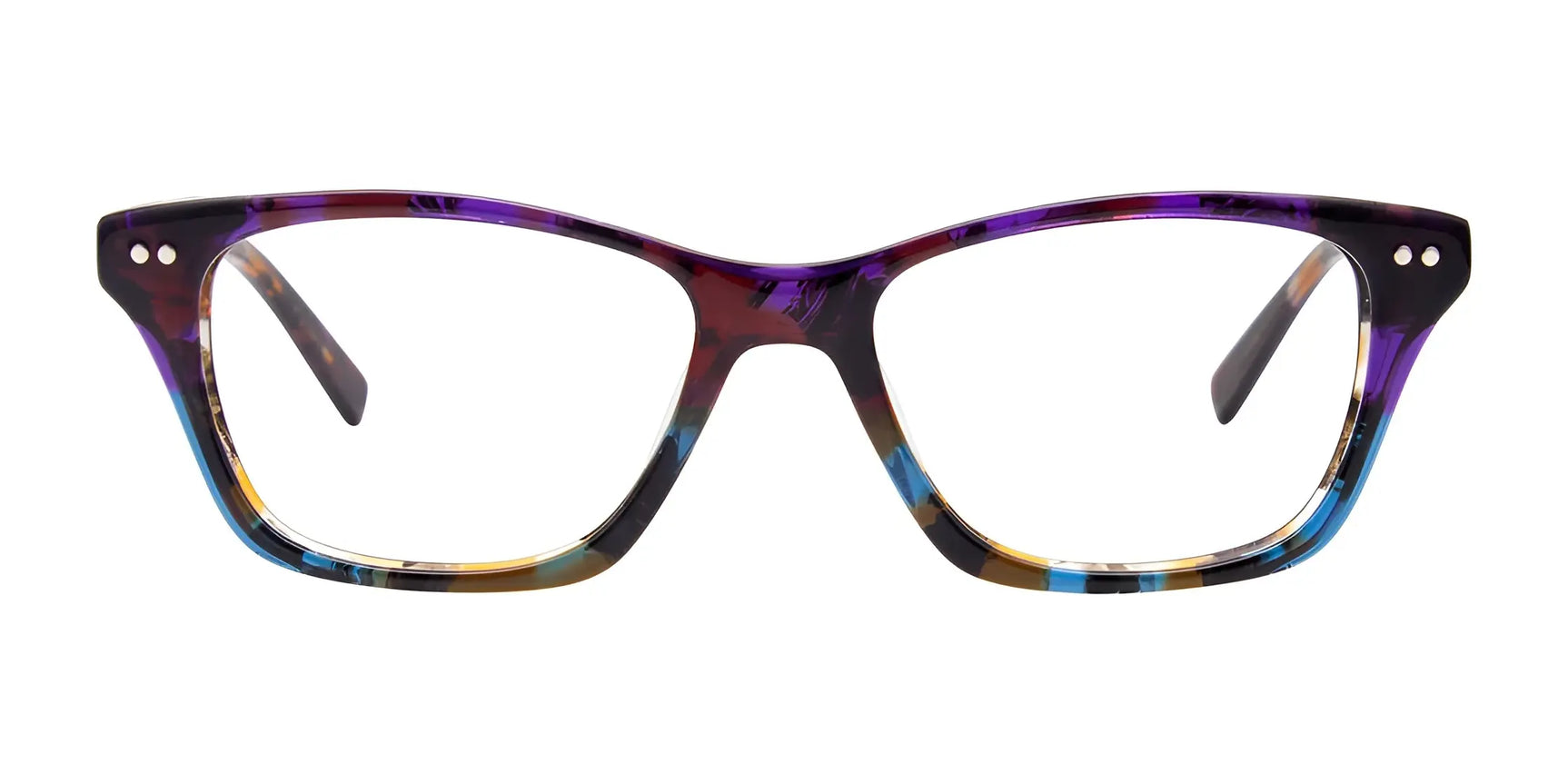 EasyClip EC453 Eyeglasses by EasyClip feature colorful rectangular frames in purple, blue, brown, and yellow on white. Prescription ready and compatible with included polarized clip-on sunglasses. Size 49. EasyClip EC453 Eyeglasses by EasyClip feature colorful rectangular frames in purple, blue, brown, and yellow on white. Prescription ready and compatible with included polarized clip-on sunglasses. Size 49.