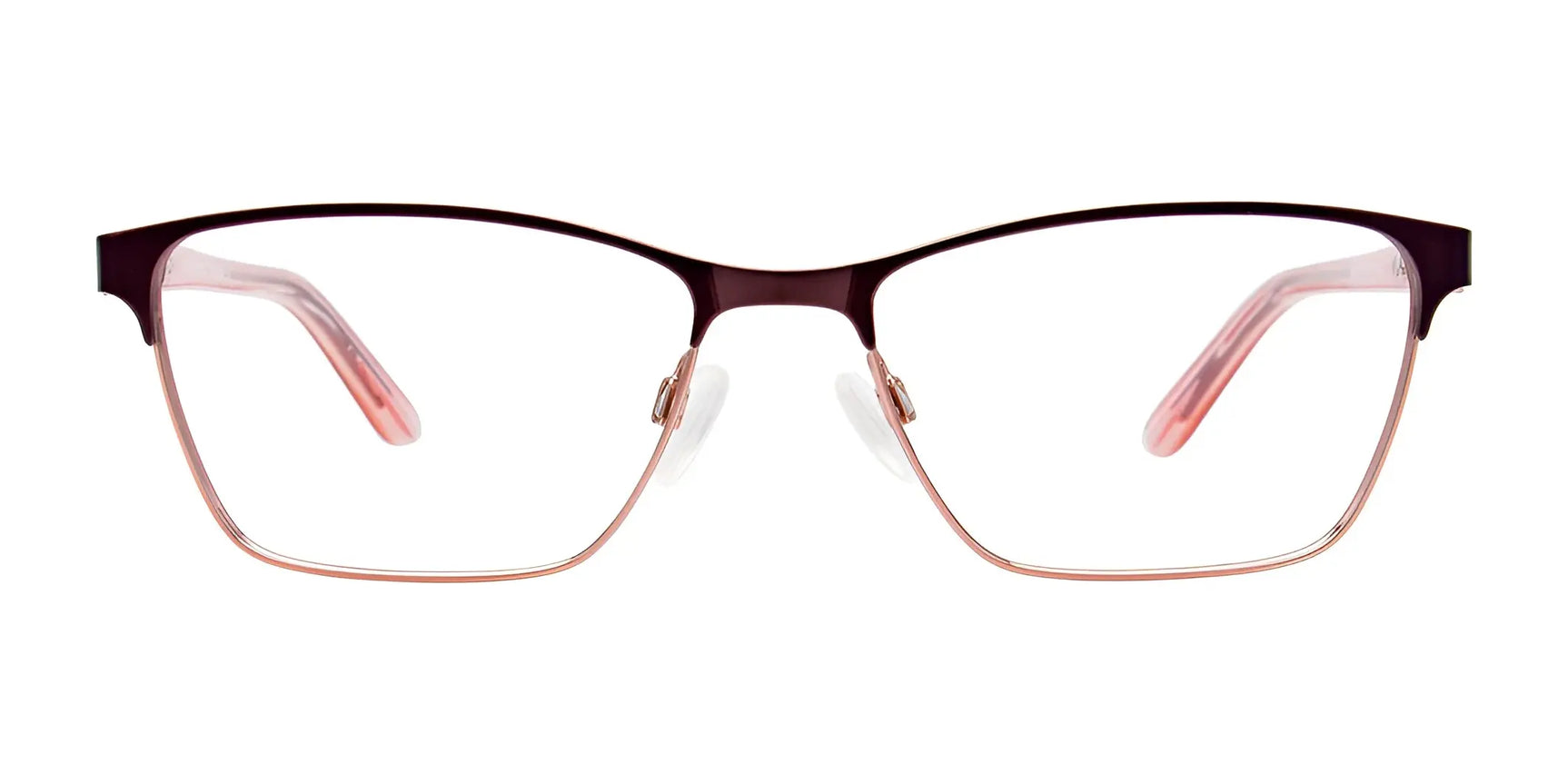 Front view of EasyClip EC455 eyeglasses with clear lenses in brown and rose gold, size 53, shown on a white background. Includes clip-on sunglasses. Brand: EasyClip. Front view of EasyClip EC455 eyeglasses with clear lenses in brown and rose gold, size 53, shown on a white background. Includes clip-on sunglasses. Brand: EasyClip.