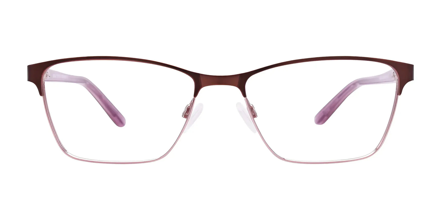 EasyClip EC455 Eyeglasses by EasyClip feature red rectangular thin metal frames with purple temple tips, plus convenient clip-on sunglasses for UV protection. Size 53. Shown on a white background. EasyClip EC455 Eyeglasses by EasyClip feature red rectangular thin metal frames with purple temple tips, plus convenient clip-on sunglasses for UV protection. Size 53. Shown on a white background.