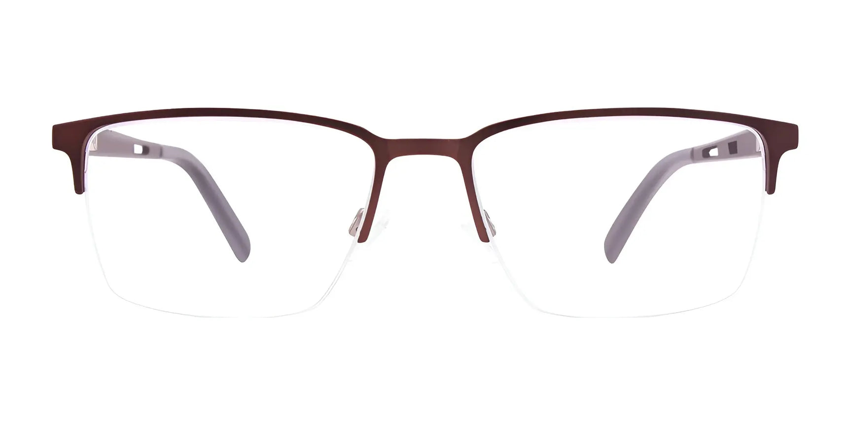 The EasyClip EC459 Eyeglasses with Clip-on Sunglasses feature a brown semi-rimless rectangular design and gray temple arms, blending style and function from the EasyClip brand. Size 54. Shown on a white background. The EasyClip EC459 Eyeglasses with Clip-on Sunglasses feature a brown semi-rimless rectangular design and gray temple arms, blending style and function from the EasyClip brand. Size 54. Shown on a white background.