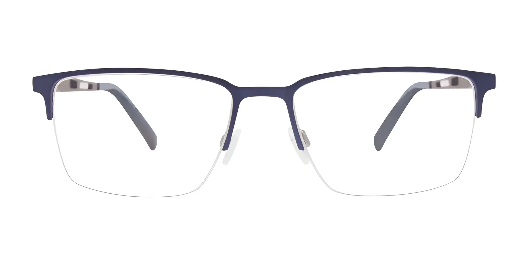 EasyClip EC459 blue and silver rectangular semi-rimless eyeglasses with clear lenses, shown on a white background. Includes clip-on sunglasses. Size 54. EasyClip EC459 blue and silver rectangular semi-rimless eyeglasses with clear lenses, shown on a white background. Includes clip-on sunglasses. Size 54.