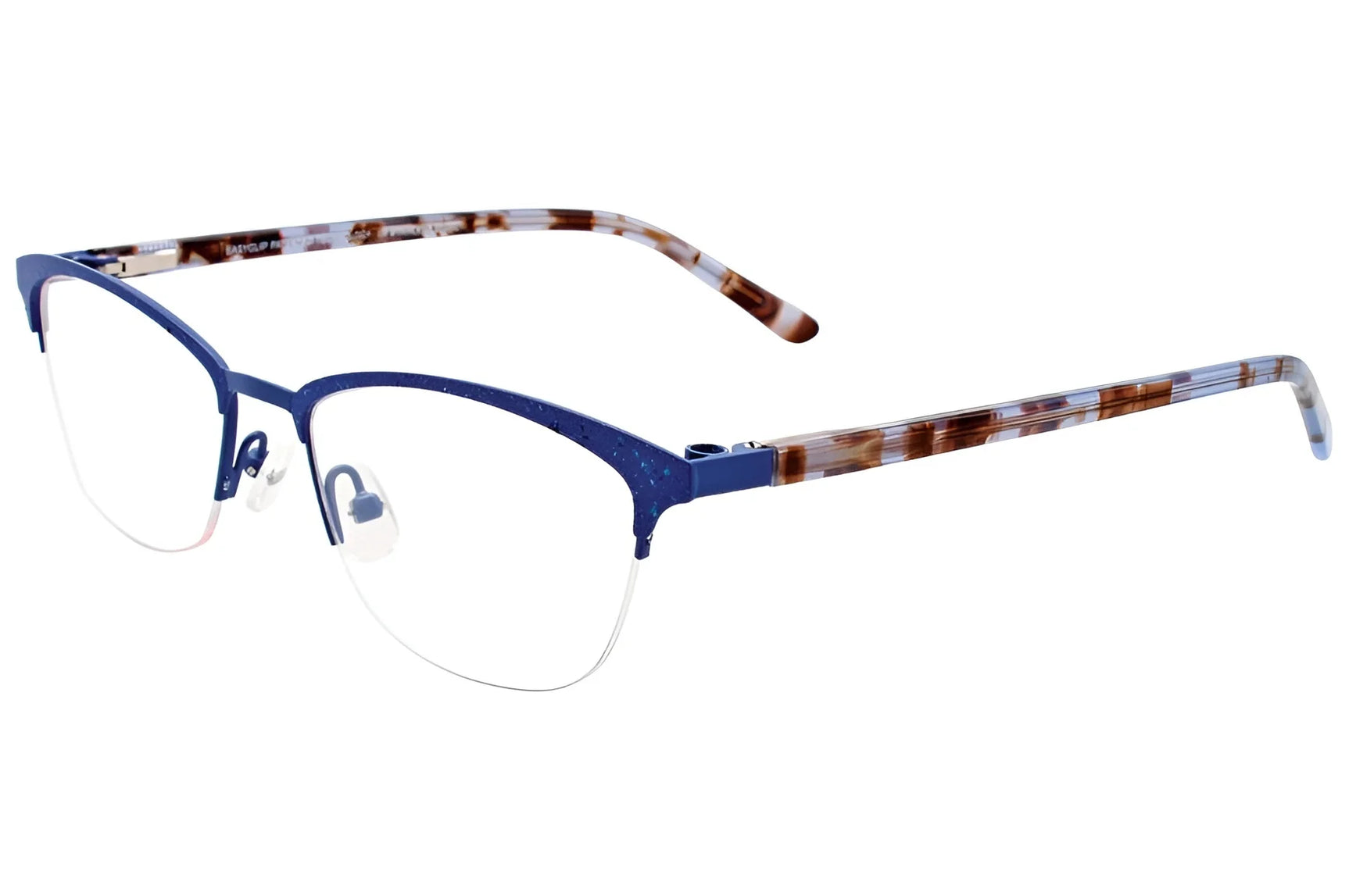 EasyClip EC463 Eyeglasses in Satin Blue feature a unique design with a blue metal frame and clear nose pads, standing out against a white background. Brand: EasyClip. Size: 51. EasyClip EC463 Eyeglasses in Satin Blue feature a unique design with a blue metal frame and clear nose pads, standing out against a white background. Brand: EasyClip. Size: 51.