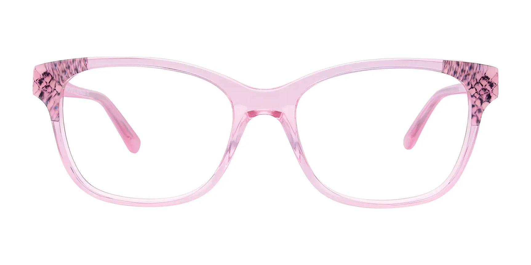 The EasyClip EC464 Eyeglasses in pink feature a rectangular shape with subtle corner pattern details, and include a convenient magnetic clip-on sunglasses option for versatile style. Shown in size 53 on a white background. The EasyClip EC464 Eyeglasses in pink feature a rectangular shape with subtle corner pattern details, and include a convenient magnetic clip-on sunglasses option for versatile style. Shown in size 53 on a white background.