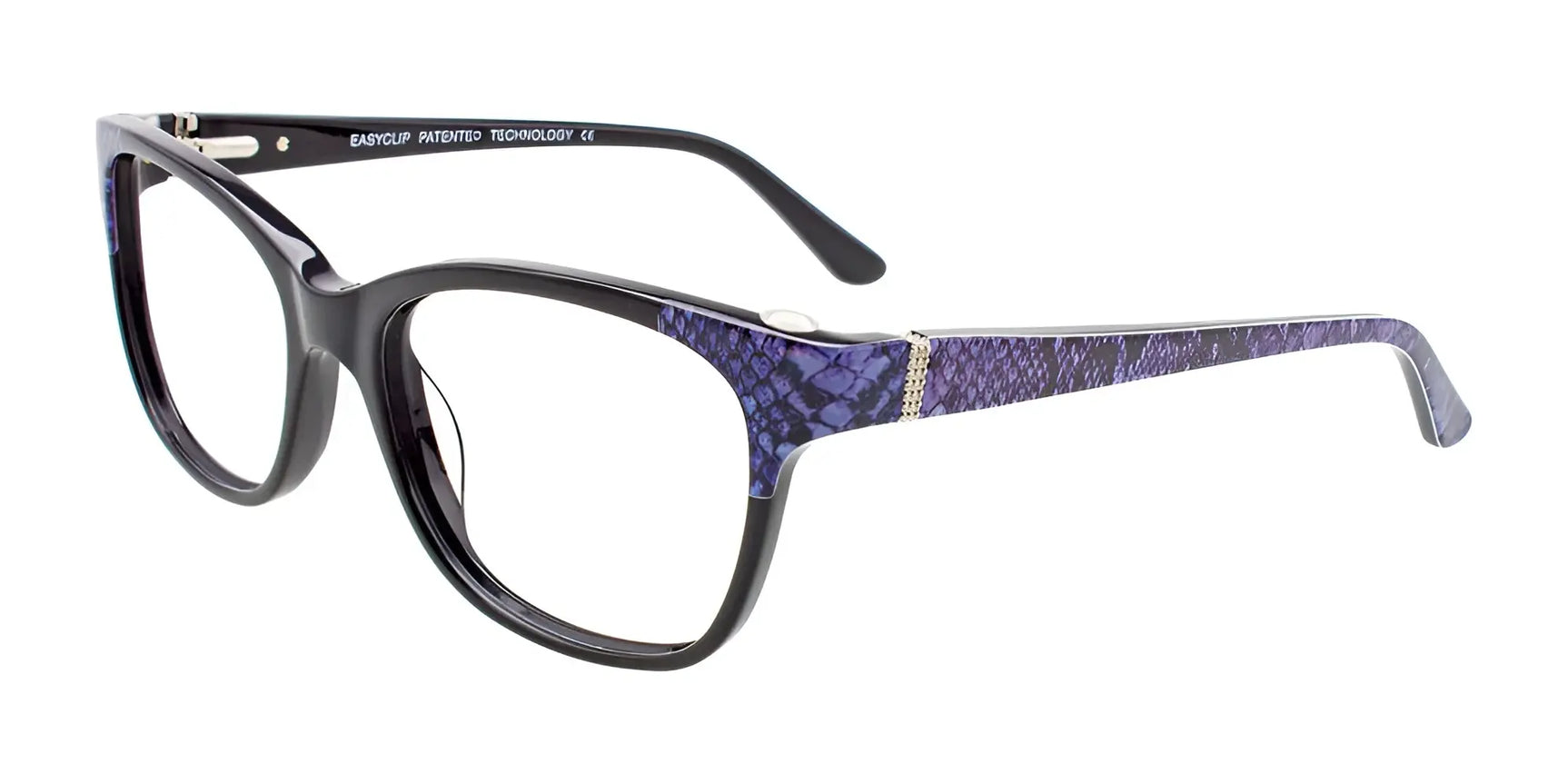 EasyClip EC464 Eyeglasses with Clip-on Sunglasses Black & Lavender Snake Pattern EasyClip EC464 Eyeglasses with Clip-on Sunglasses Black & Lavender Snake Pattern