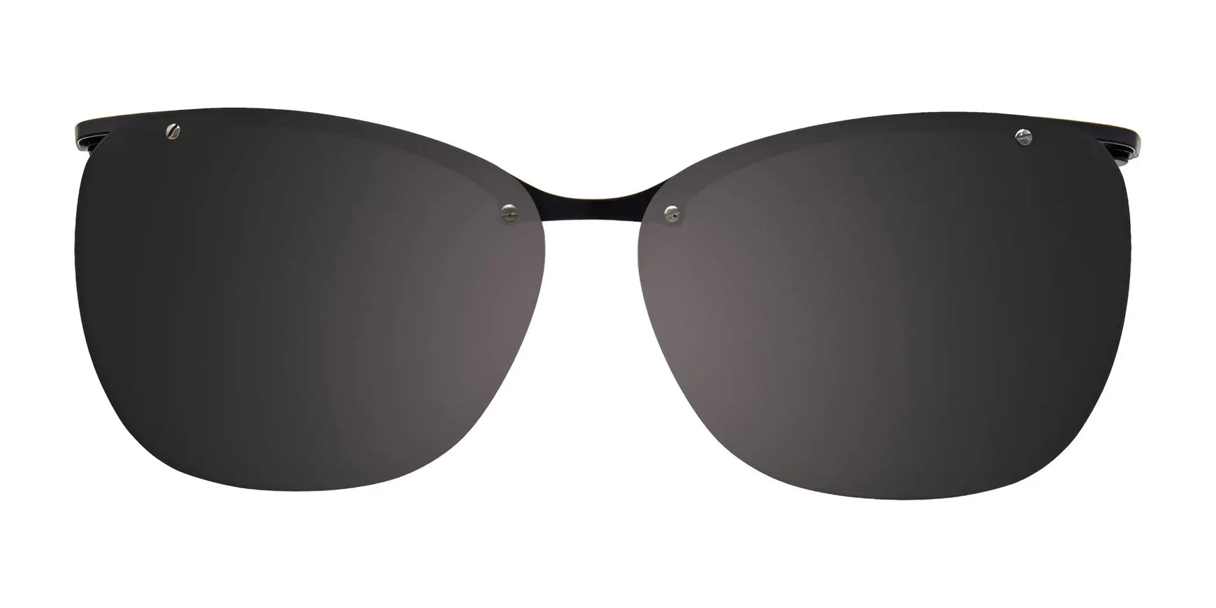 EasyClip EC464 Eyeglasses with Clip-on Sunglasses, Size 53 by EasyClip, shown in black with rimless, polarized large dark lenses and a thin bridge on a white background. EasyClip EC464 Eyeglasses with Clip-on Sunglasses, Size 53 by EasyClip, shown in black with rimless, polarized large dark lenses and a thin bridge on a white background.