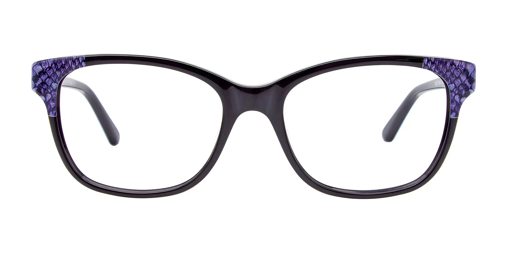 The EasyClip EC464 Eyeglasses feature a black rectangular frame with purple textured accents and include convenient clip-on sunglasses for versatile style and protection. Size 53. Brand: EasyClip. The EasyClip EC464 Eyeglasses feature a black rectangular frame with purple textured accents and include convenient clip-on sunglasses for versatile style and protection. Size 53. Brand: EasyClip.