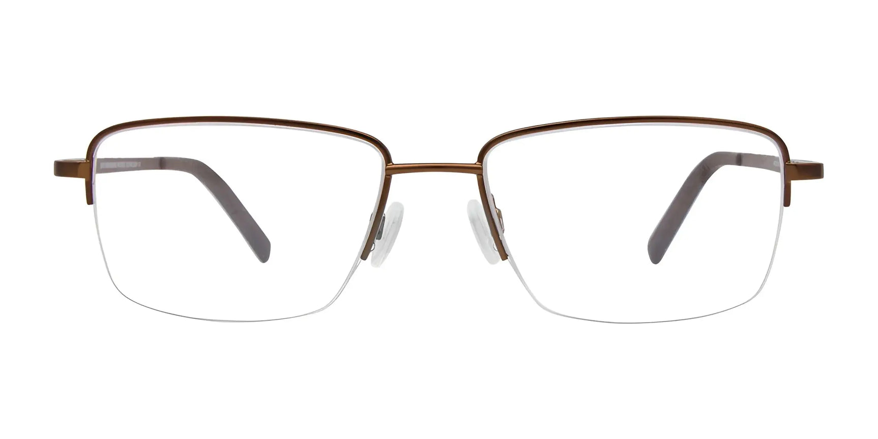 EasyClip EC465 Eyeglasses, size 54, feature a brown half-rim rectangular frame with clear nose pads and black temple arms. Includes clip-on sunglasses for added convenience. Brand: EasyClip. EasyClip EC465 Eyeglasses, size 54, feature a brown half-rim rectangular frame with clear nose pads and black temple arms. Includes clip-on sunglasses for added convenience. Brand: EasyClip.