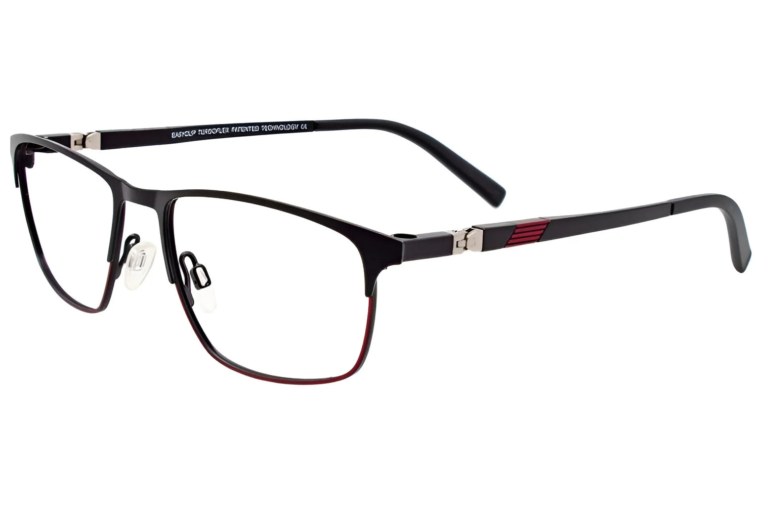 EasyClip EC467 Eyeglasses | Size 52 by EasyClip in Matt Black & Satin Red feature a durable metal frame and adjustable nose pads for clear vision, shown on a white background. EasyClip EC467 Eyeglasses | Size 52 by EasyClip in Matt Black & Satin Red feature a durable metal frame and adjustable nose pads for clear vision, shown on a white background.
