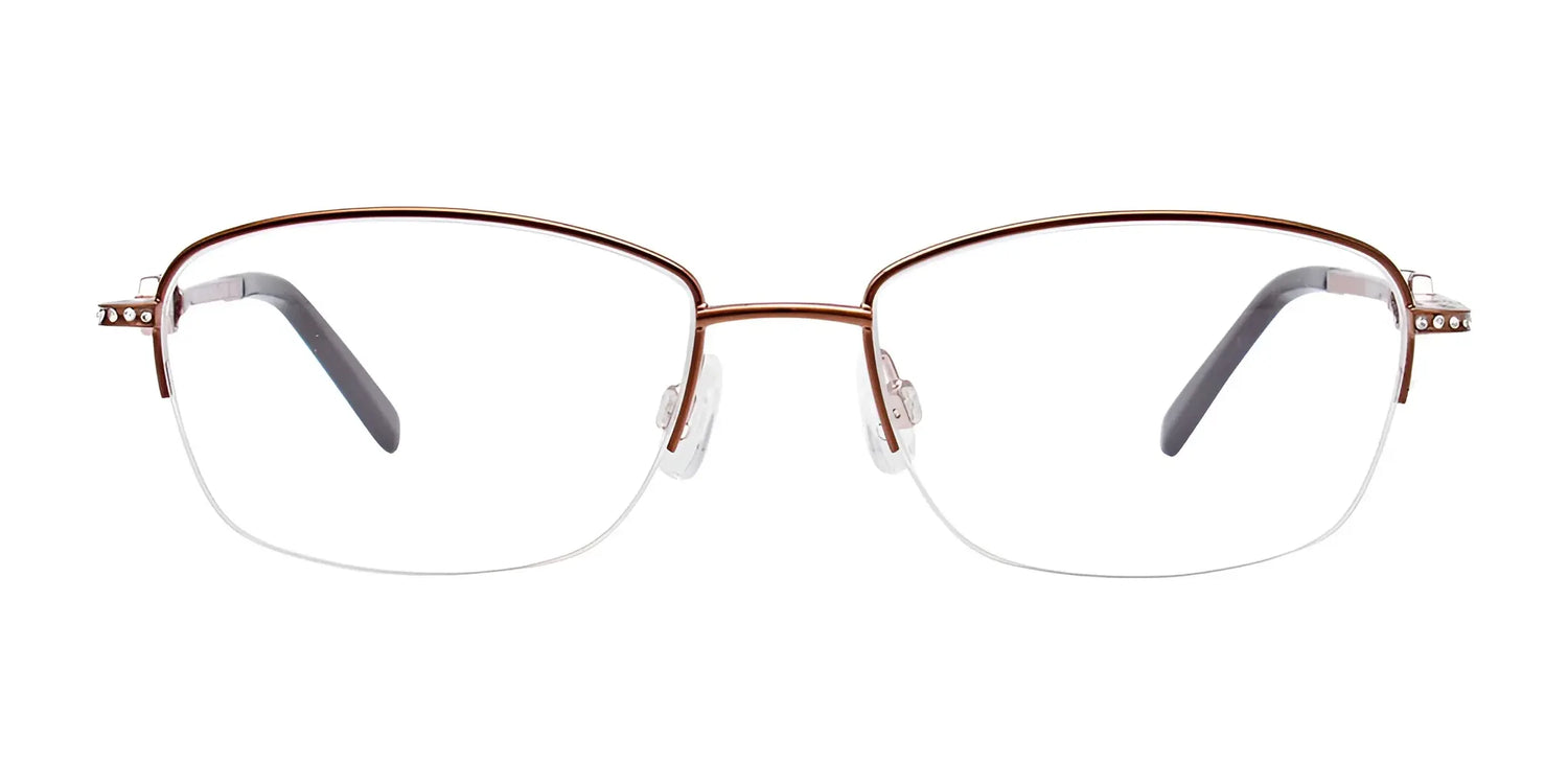 EasyClip EC469 Eyeglasses with Clip-on Sunglasses, size 53, by EasyClip. Brown and gold semi-rimless frames with black temple tips shown on a white background. Easily switch to polarized sunglasses for added versatility and sun protection. EasyClip EC469 Eyeglasses with Clip-on Sunglasses, size 53, by EasyClip. Brown and gold semi-rimless frames with black temple tips shown on a white background. Easily switch to polarized sunglasses for added versatility and sun protection.