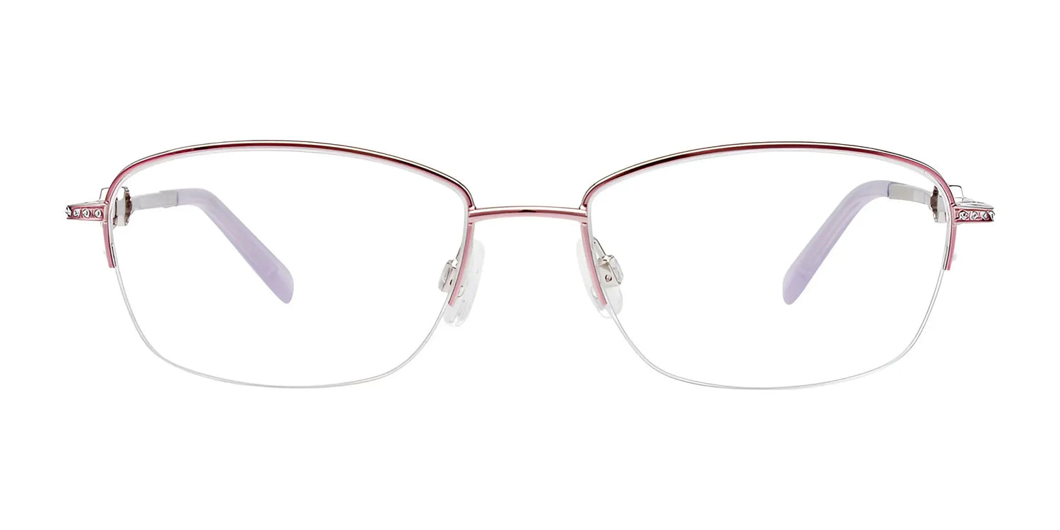 EasyClip EC469 Eyeglasses by EasyClip, size 53, feature pink metal semi-rimless frames with clear lenses and light purple temple tips. Shown on a white background. Compatible with clip-on sunglasses (sold separately). EasyClip EC469 Eyeglasses by EasyClip, size 53, feature pink metal semi-rimless frames with clear lenses and light purple temple tips. Shown on a white background. Compatible with clip-on sunglasses (sold separately).