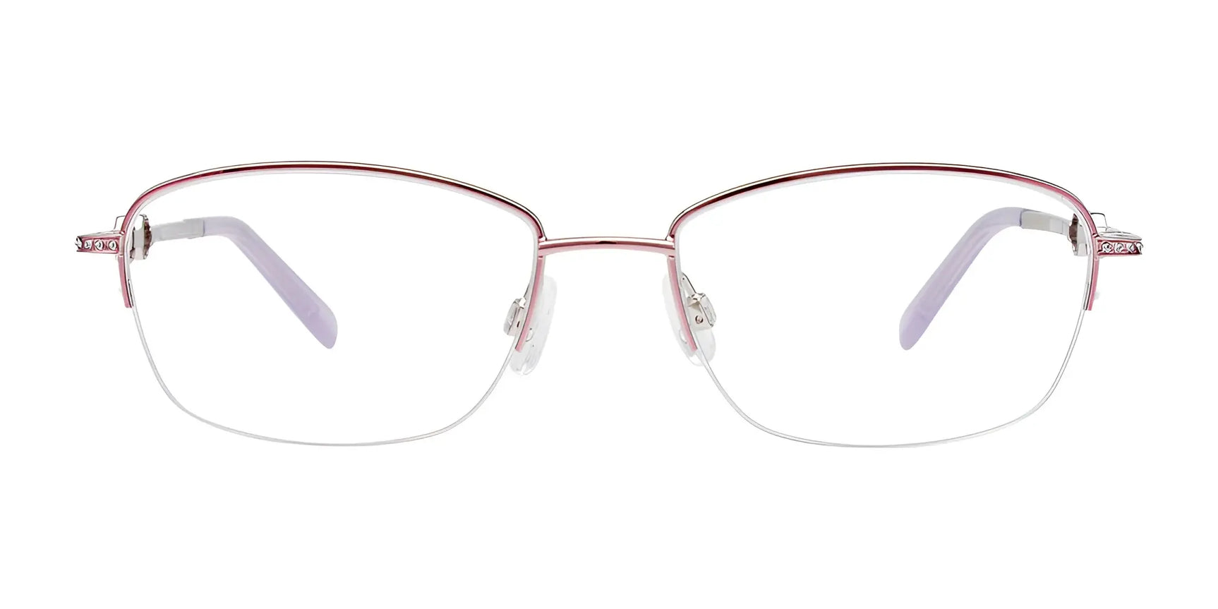 EasyClip EC469 Eyeglasses by EasyClip, size 53, feature pink metal semi-rimless frames with clear lenses and light purple temple tips. Shown on a white background. Compatible with clip-on sunglasses (sold separately). EasyClip EC469 Eyeglasses by EasyClip, size 53, feature pink metal semi-rimless frames with clear lenses and light purple temple tips. Shown on a white background. Compatible with clip-on sunglasses (sold separately).