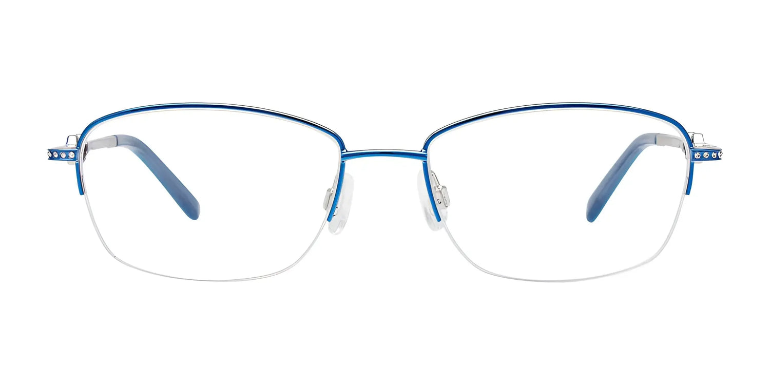 The EasyClip EC469 Eyeglasses by EasyClip, shown in blue and silver with rectangular half-rim frames, come with clip-on sunglasses for convenient polarized sun protection. Size 53. The EasyClip EC469 Eyeglasses by EasyClip, shown in blue and silver with rectangular half-rim frames, come with clip-on sunglasses for convenient polarized sun protection. Size 53.